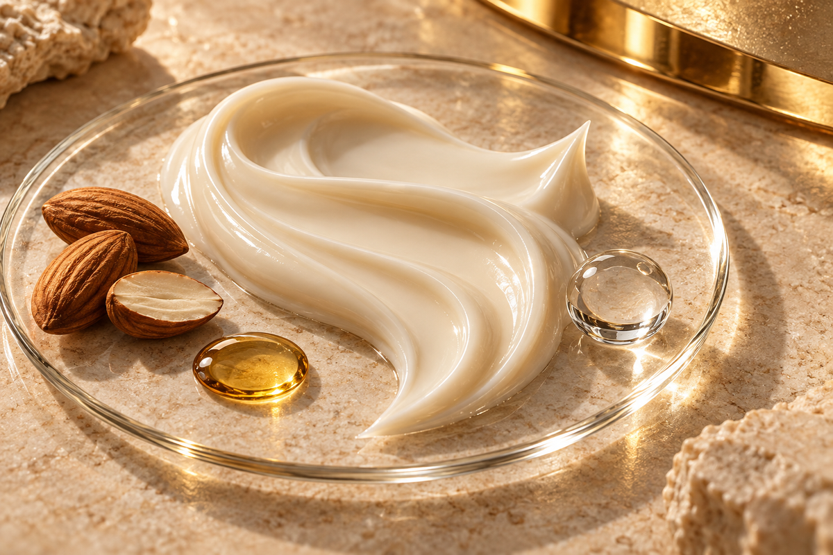 Composizione evocativa con texture crema, acqua, mandorle e riflessi dorati
