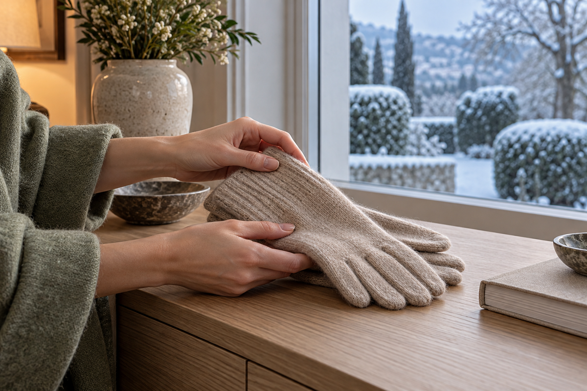 Mani che preparano guanti morbidi vicino a una finestra in inverno