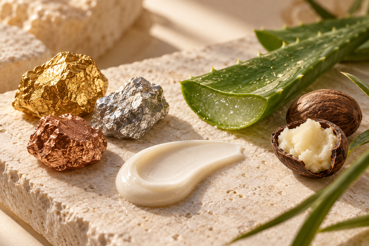 Composizione simbolica con metalli, aloe e texture cosmetica