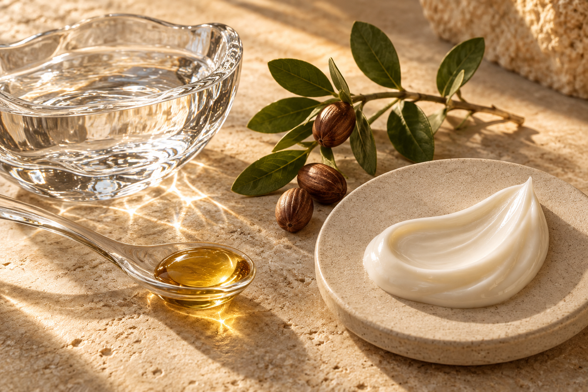 Jojoba, olio e texture in crema in una composizione editoriale
