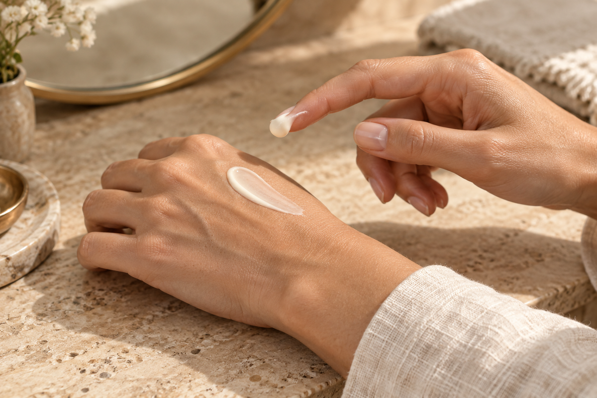 Piccola quantità di crema sul dito e sul dorso della mano