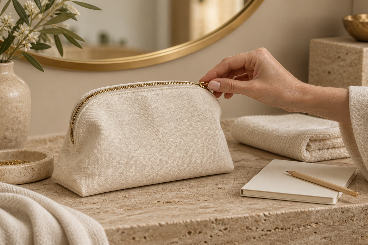 Mano che chiude un beauty case accanto a un quaderno