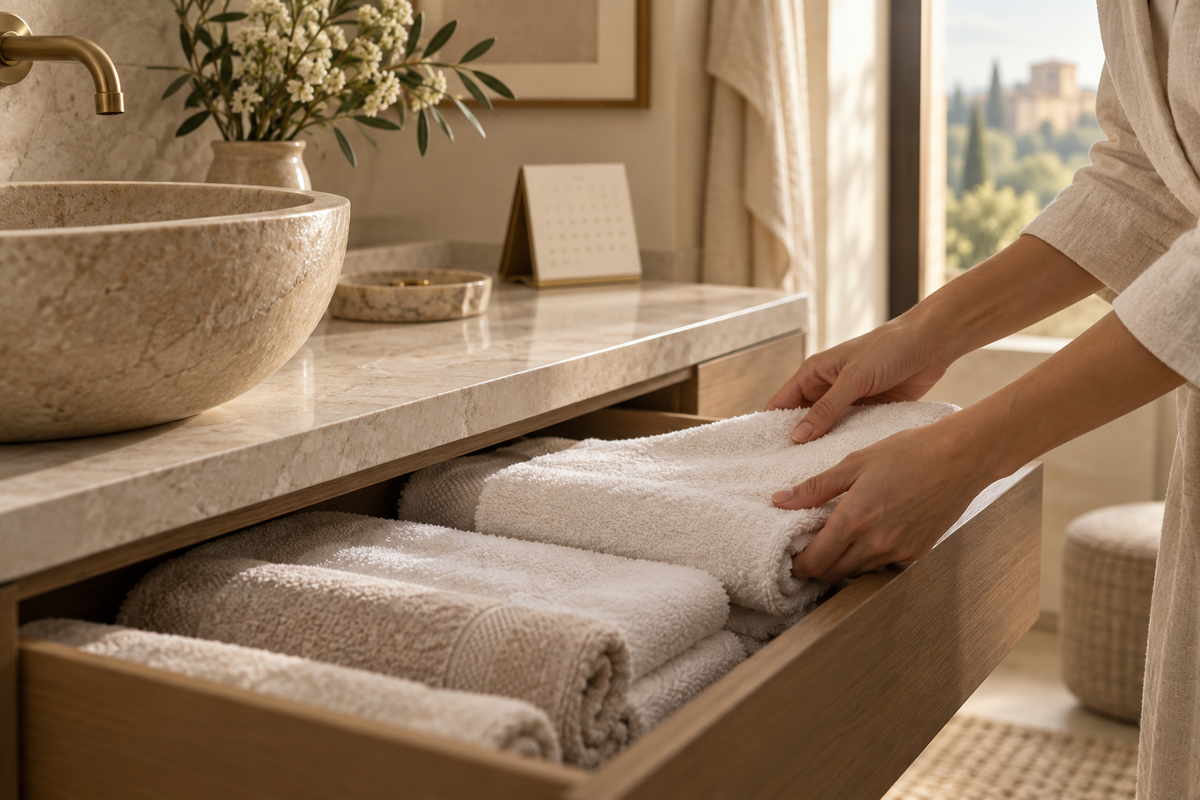 Mani che organizzano asciugamani puliti accanto al lavabo.