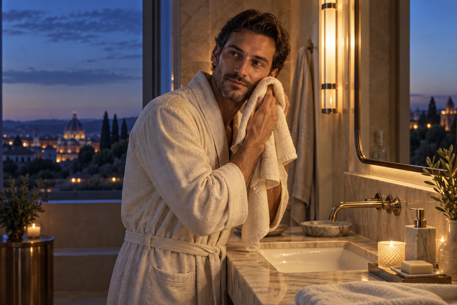Uomo che asciuga il viso durante la routine serale.