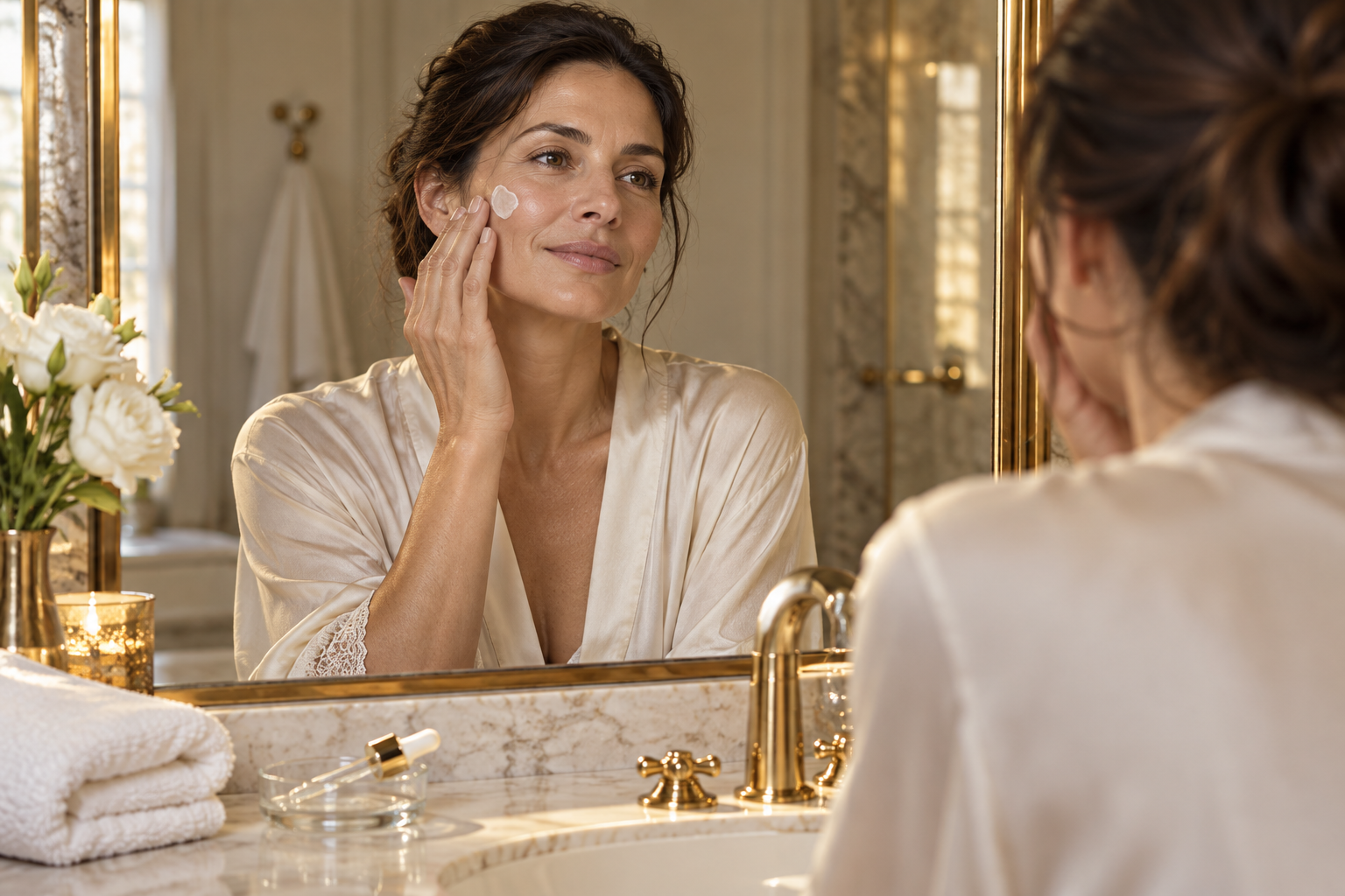 Donna che applica una crema dopo la detersione davanti allo specchio.