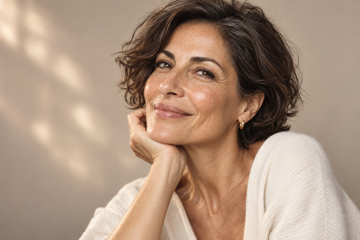 Ritratto di una donna sorridente con linee d’espressione e pelle dalla texture naturale.
