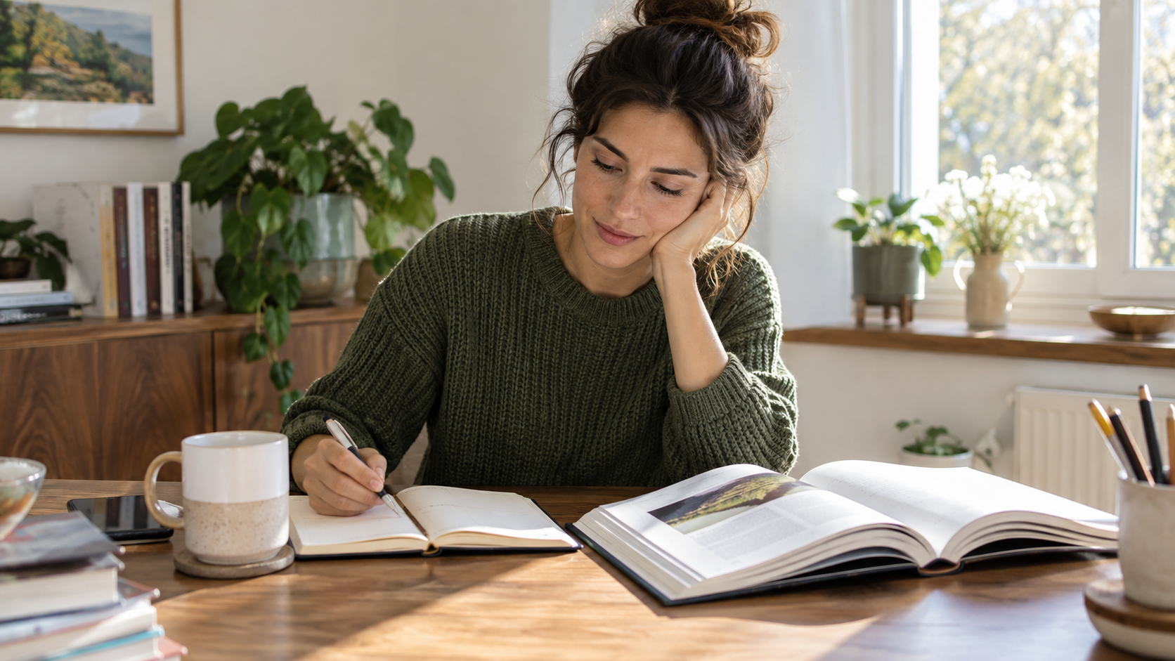 Persona adulta che consulta un'agenda e un libro.