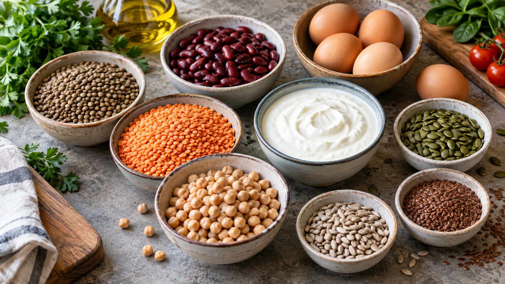 Composizione culinaria con legumi, semi, yogurt e uova.