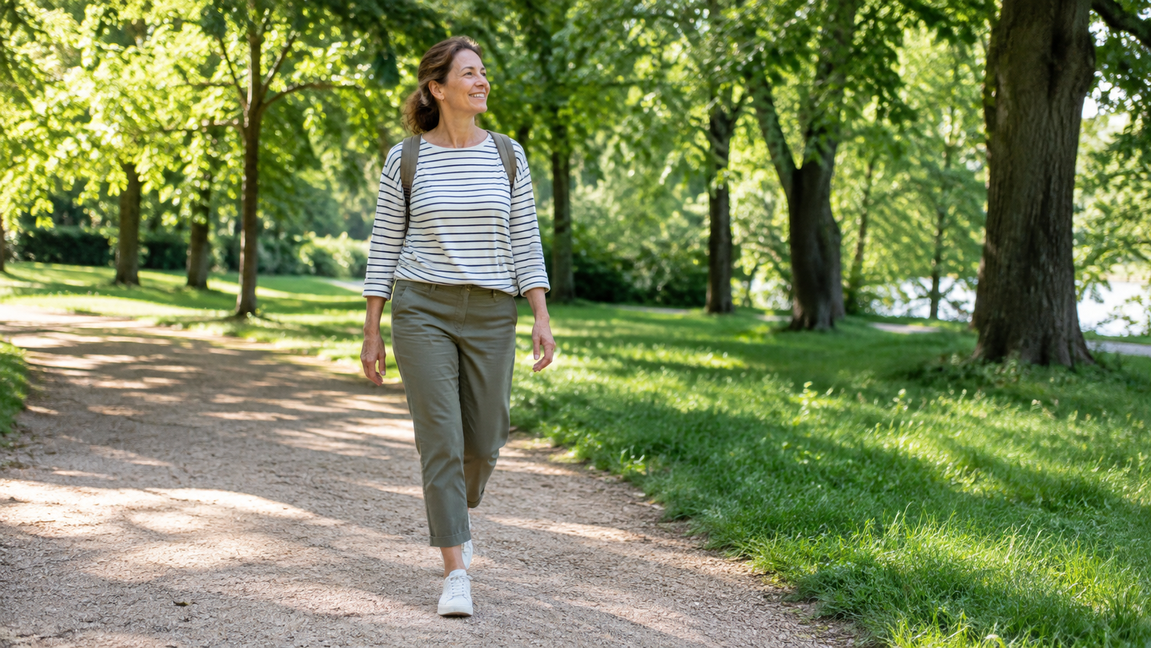 Persona adulta durante una camminata in un parco luminoso.