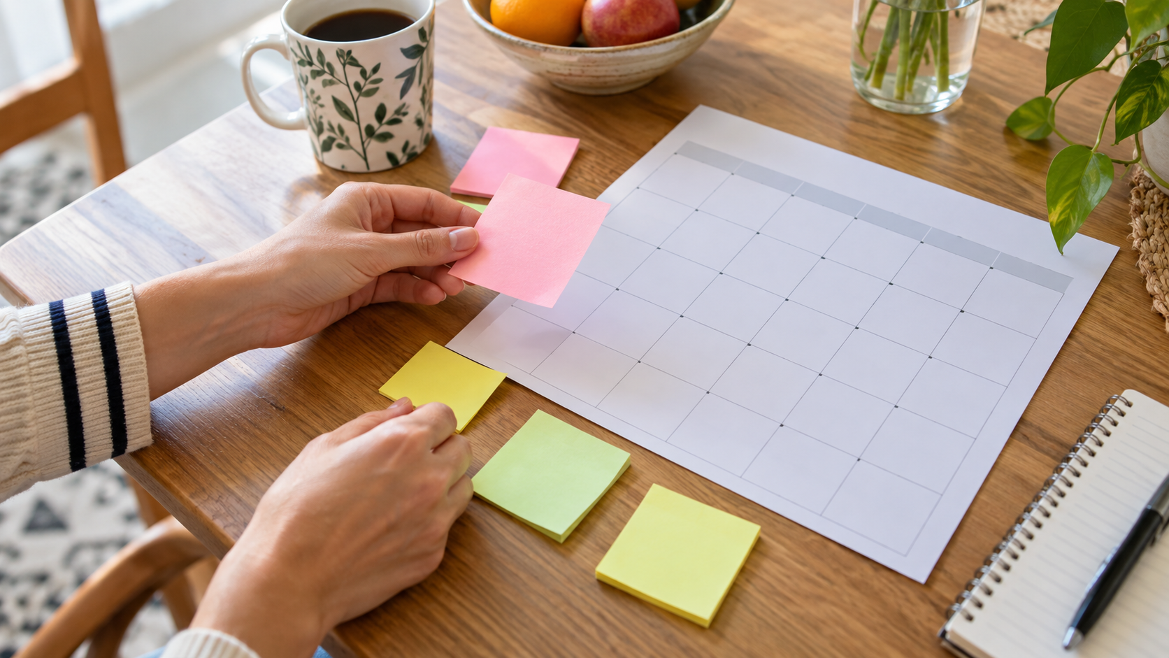 Mani adulte che organizzano un calendario e promemoria senza scritte leggibili.