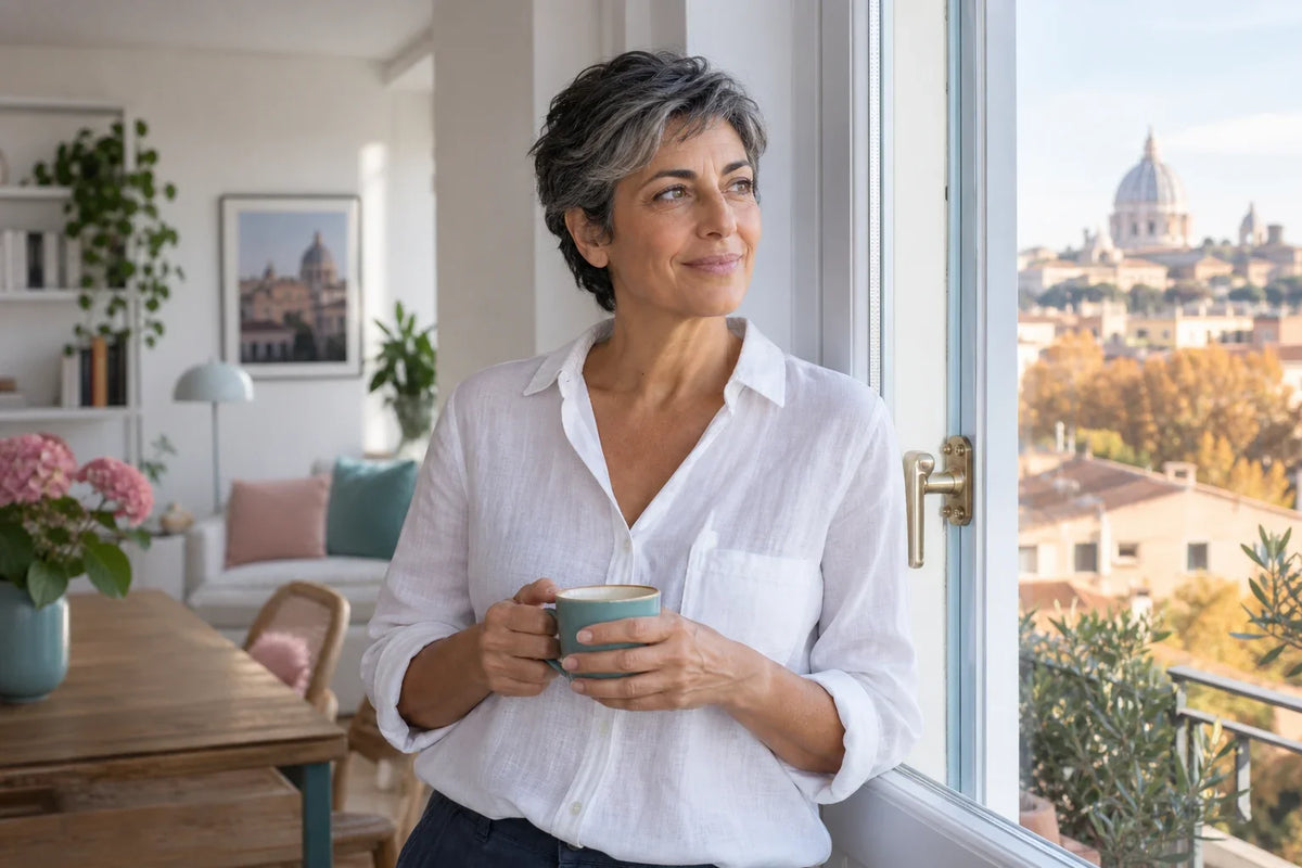 Persona adulta in camicia chiara accanto a una finestra sulla città in autunno.