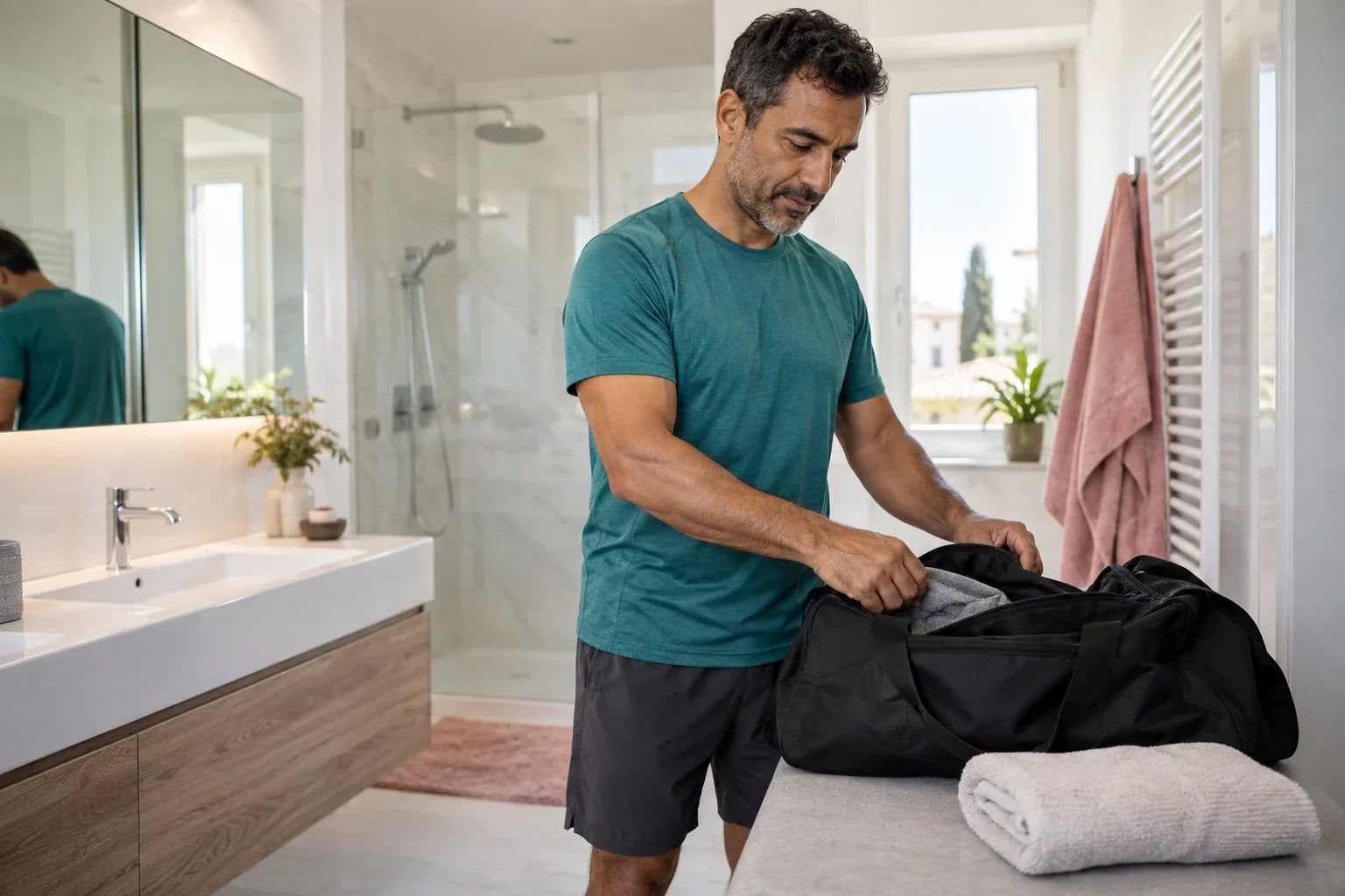 Adulto in abbigliamento sportivo accanto ad asciugamano e borsa da palestra.