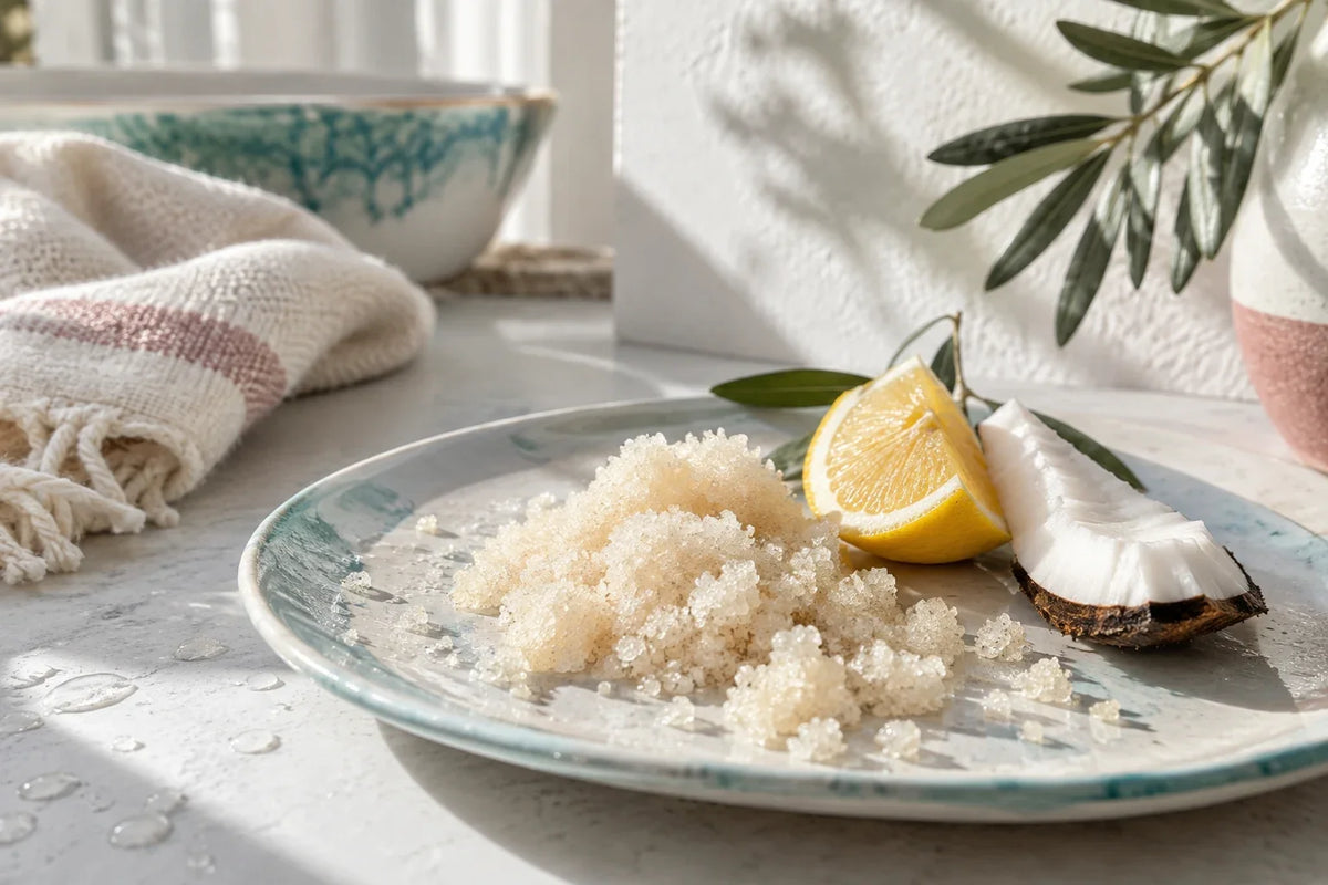 Texture di zucchero e gocce d'acqua su ceramica, con agrumi e cocco.