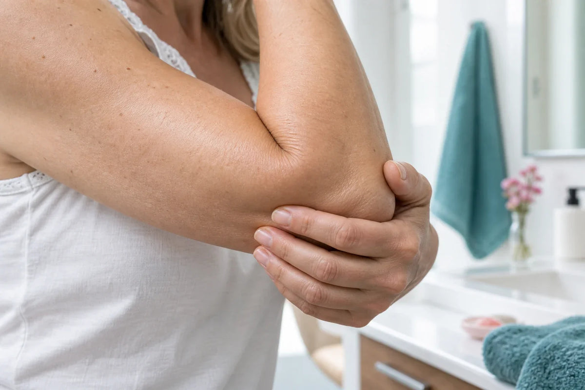 Mani che massaggiano delicatamente il gomito durante la cura del corpo.