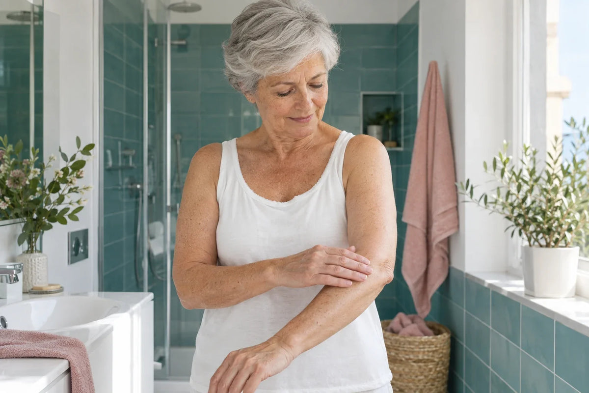 Persona adulta in bagno che sfiora delicatamente l'avambraccio.