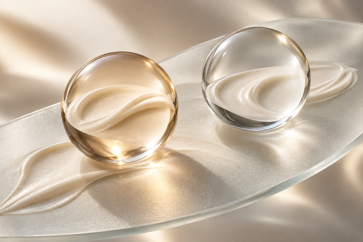 Due elementi in vetro con riflessi champagne e texture cosmetica color avorio