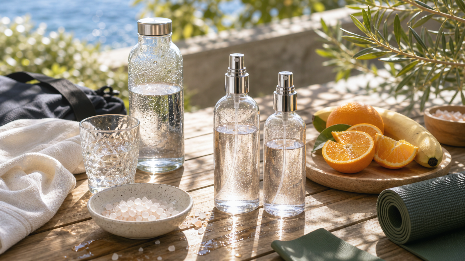 Routine estiva con spray, acqua e frutta per Magnesio e Potassio Biomed