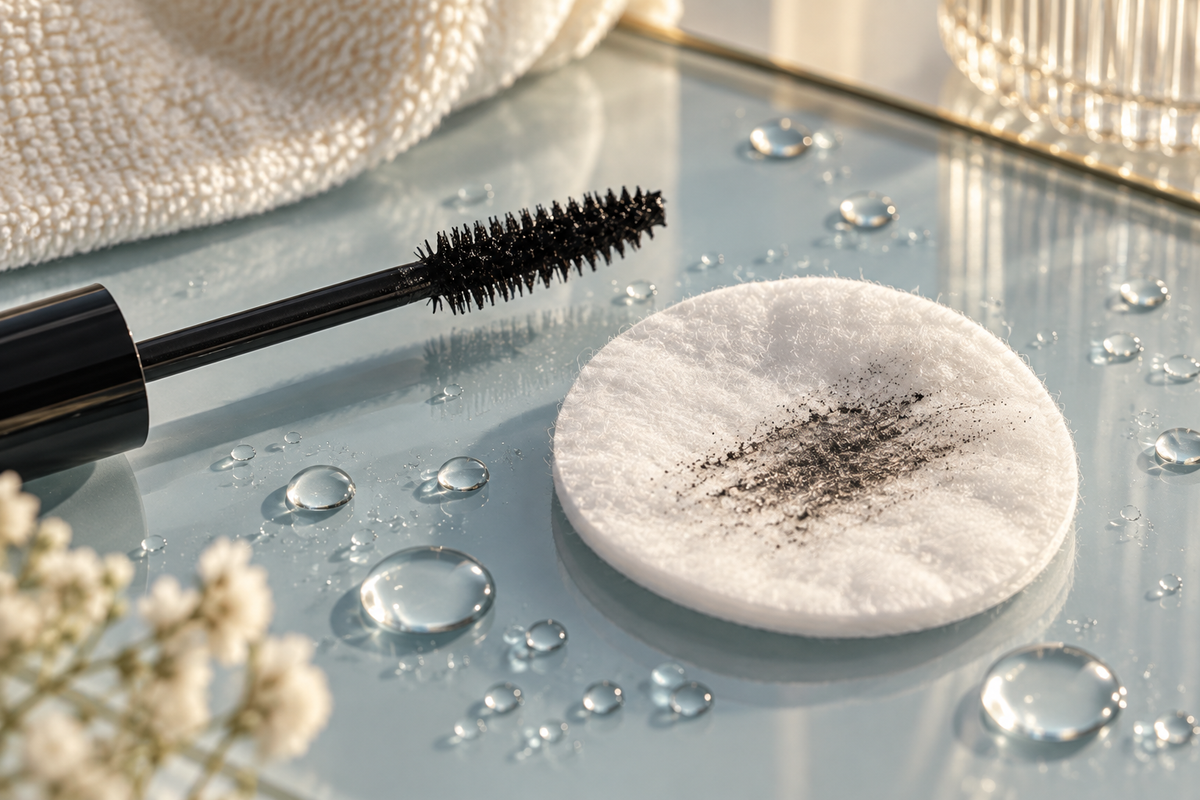 Scovolino di mascara e dischetto con residui di trucco.