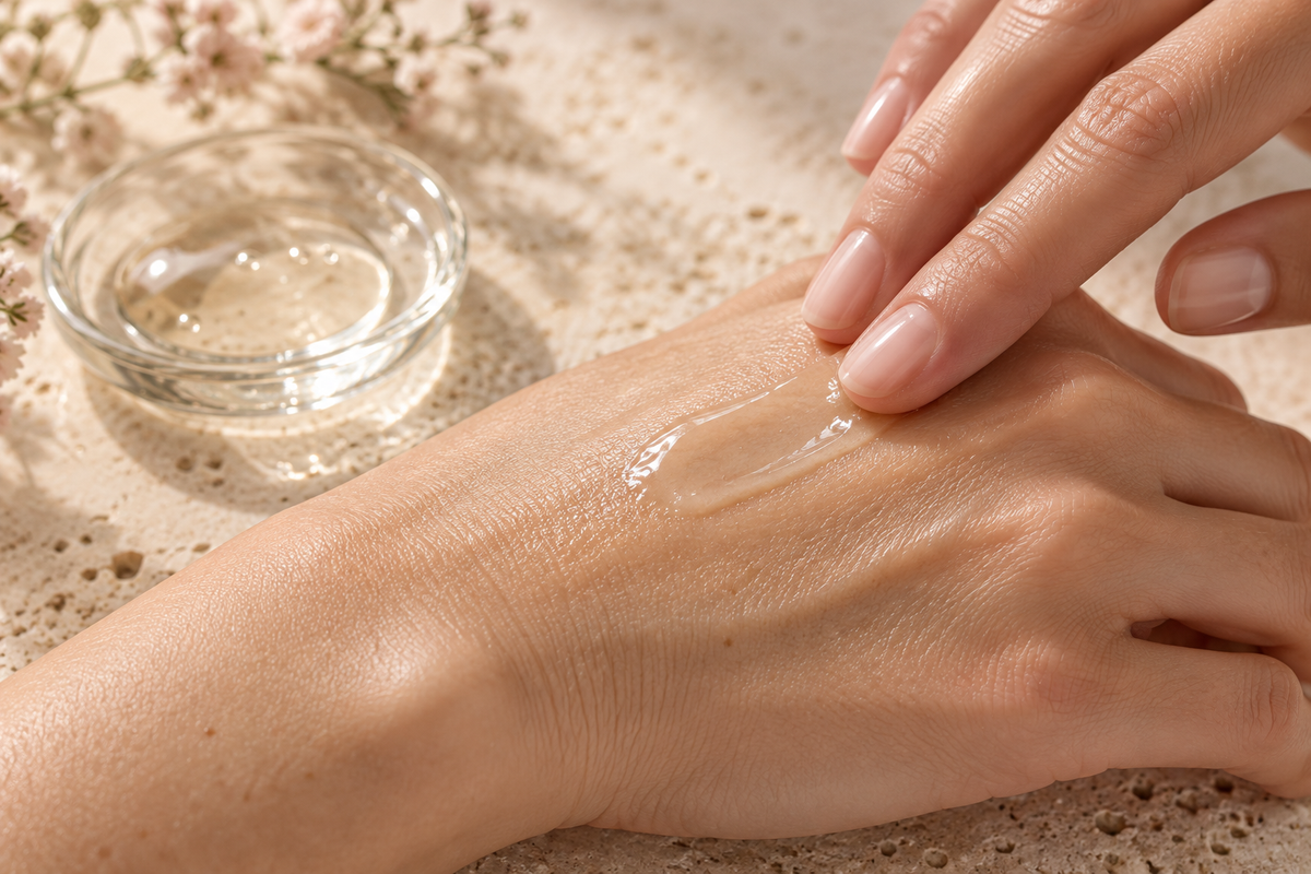Piccola quantità di siero distribuita sulla mano per osservarne la texture