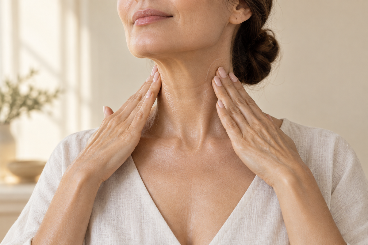 Applicazione delicata del trattamento cosmetico sul collo