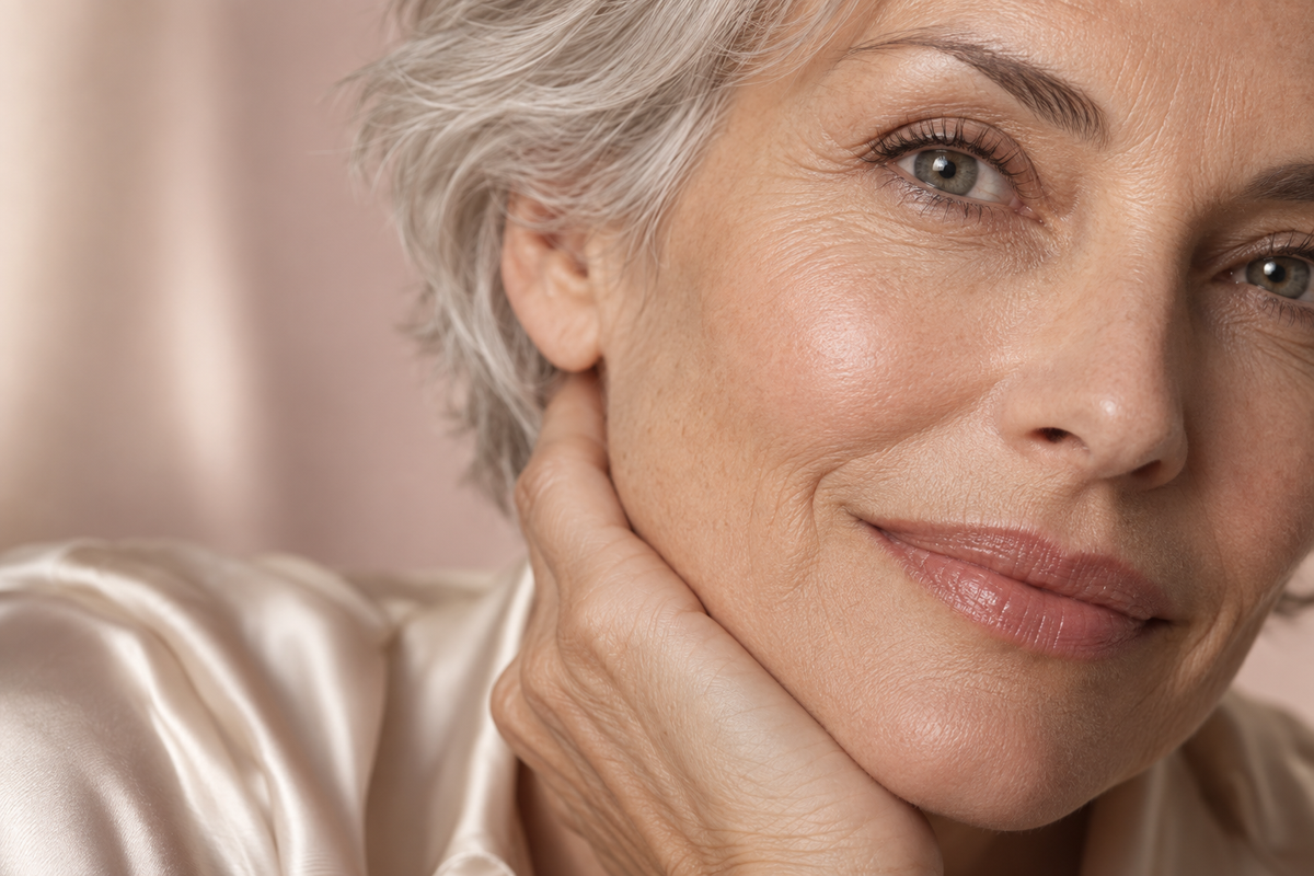 Ritratto ravvicinato di donna dai capelli argento con texture naturale del contorno occhi
