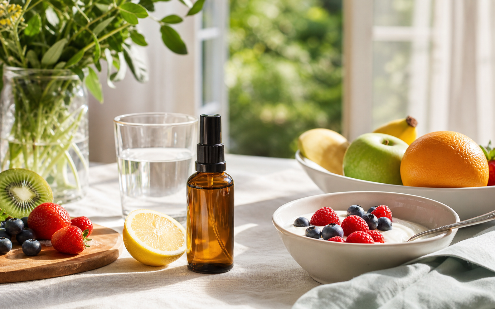 Vitamine spray in una routine quotidiana con frutta e acqua
