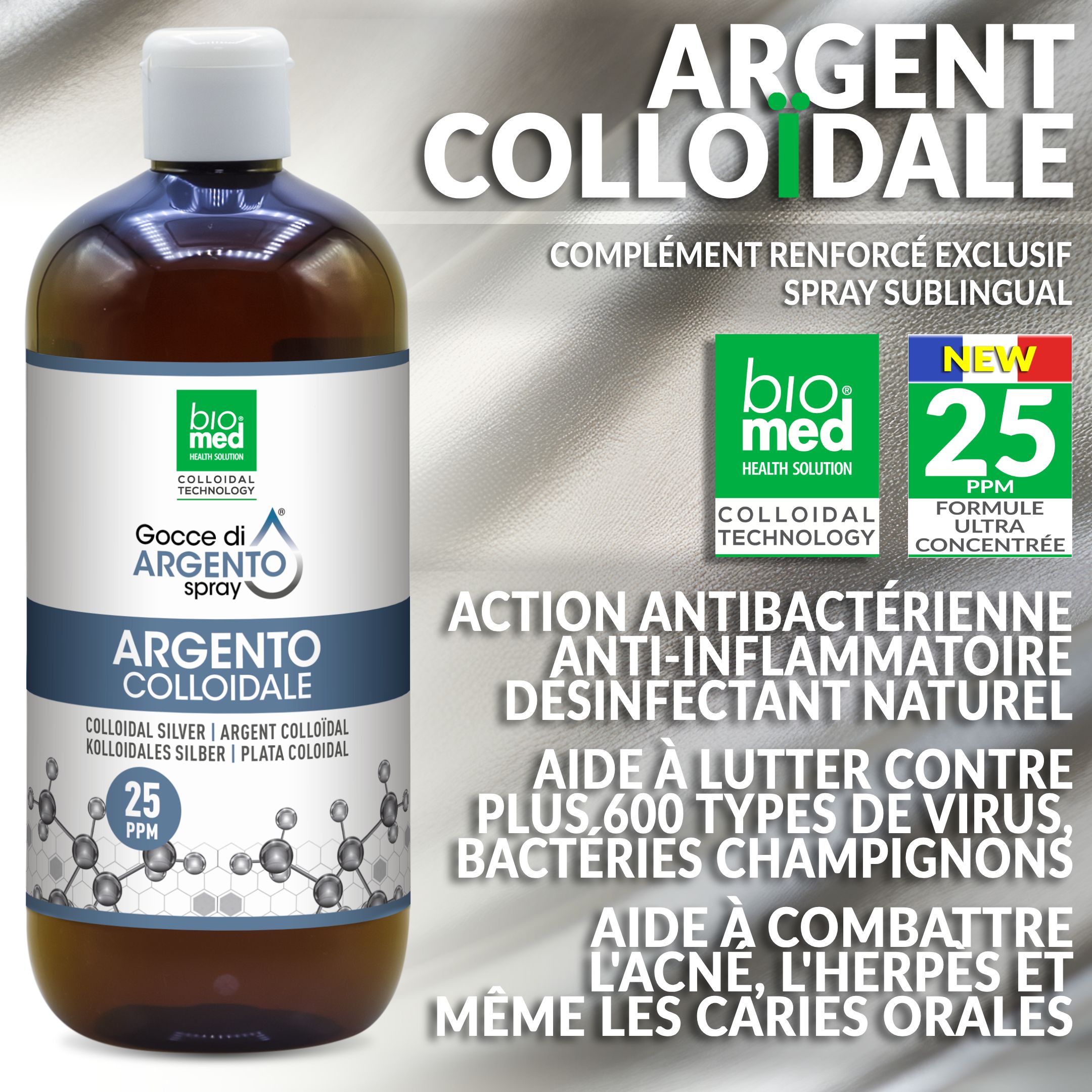 ARGENT COLLOÏDAL SPRAY SUBLINGUAL PUR - GOUTTES NANO BIOMED - 500 ML. - 25 PPM
