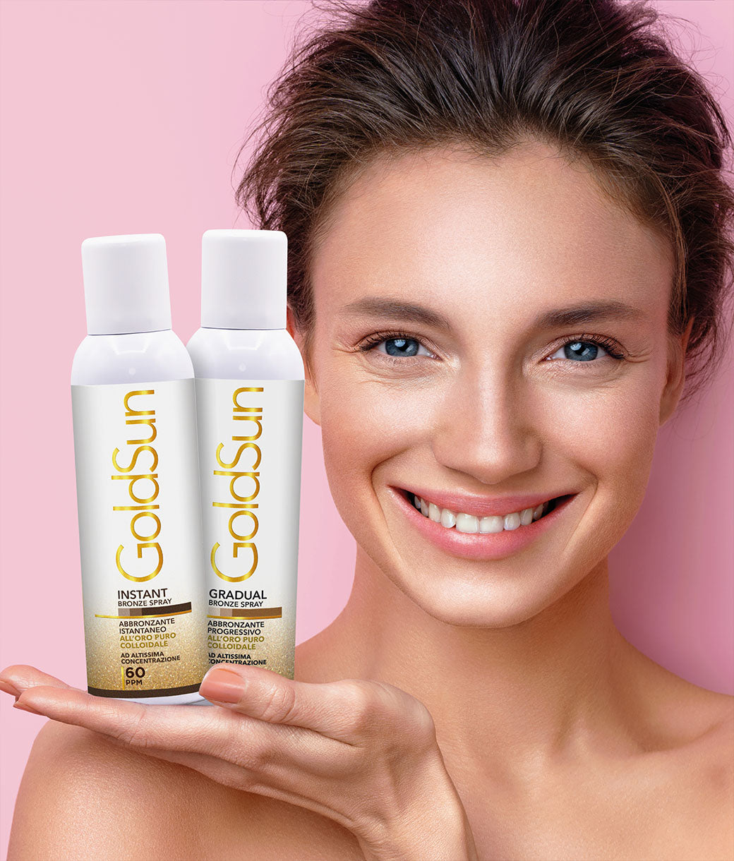 Abbronzatura perfetta evitando i danni del sole COLLEZIONE GOLDSUN Cosmetica Abbronzante Istantanea Spray Biomed