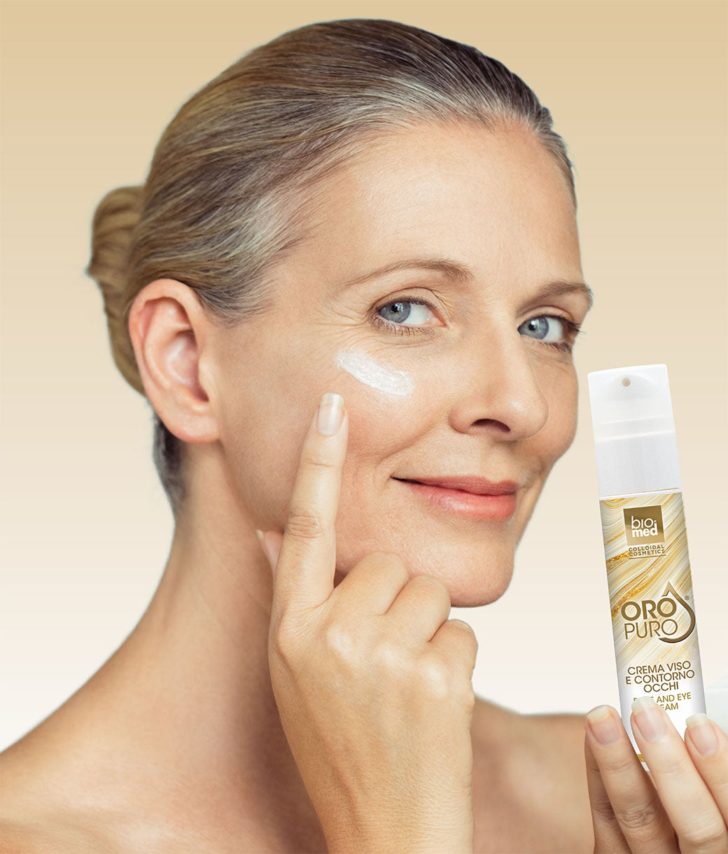 Fórmula DELICADA apta para todo tipo de piel CREMA REGENERADORA PARA ROSTRO Y CONTORNO DE OJOS CON ORO PURO COLOIDAL 60ppm - BIOMED 50ml