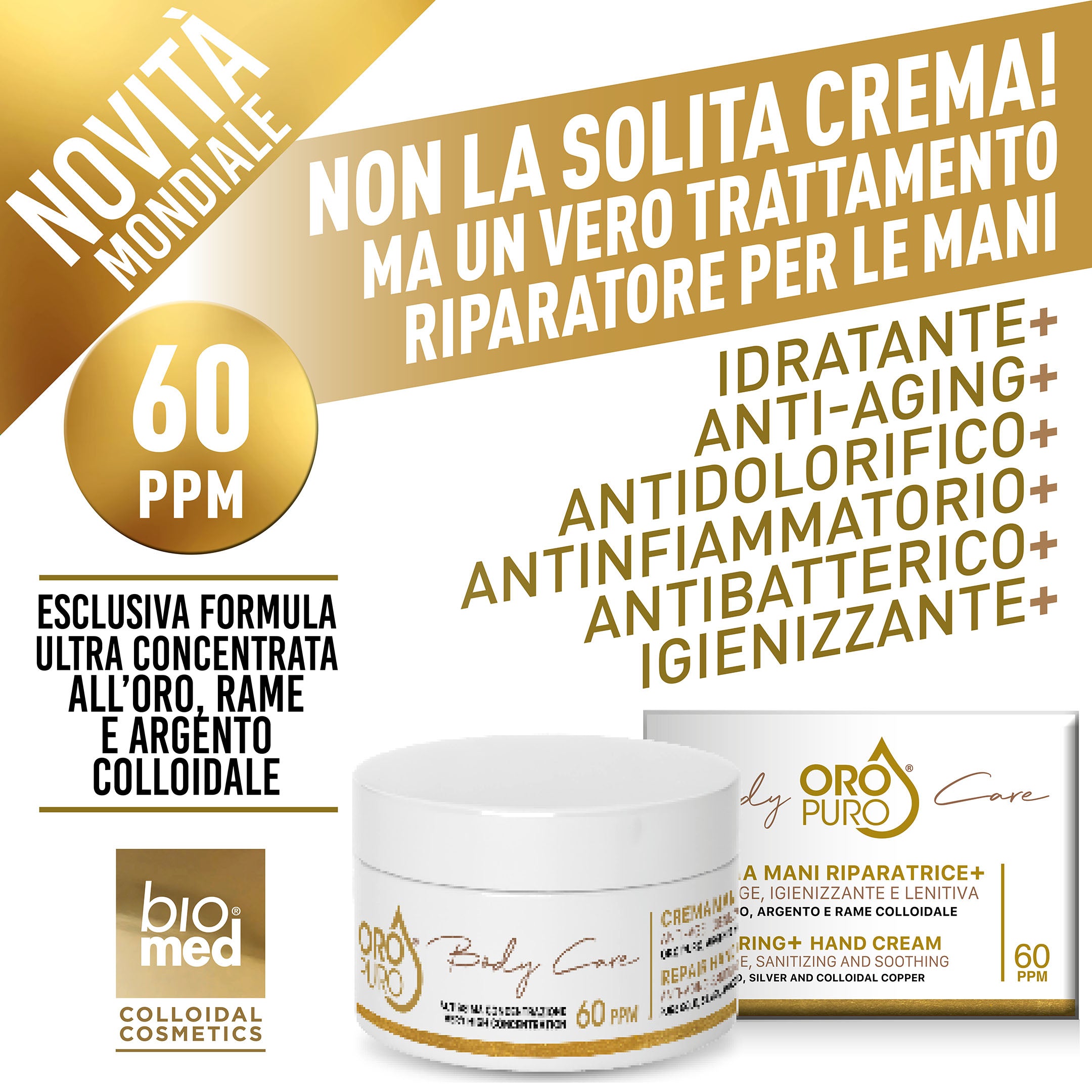 Nuovissima Crema Mani Riparatrice+ Oro, Argento e Rame Colloidale – La Protezione in un rituale prezioso