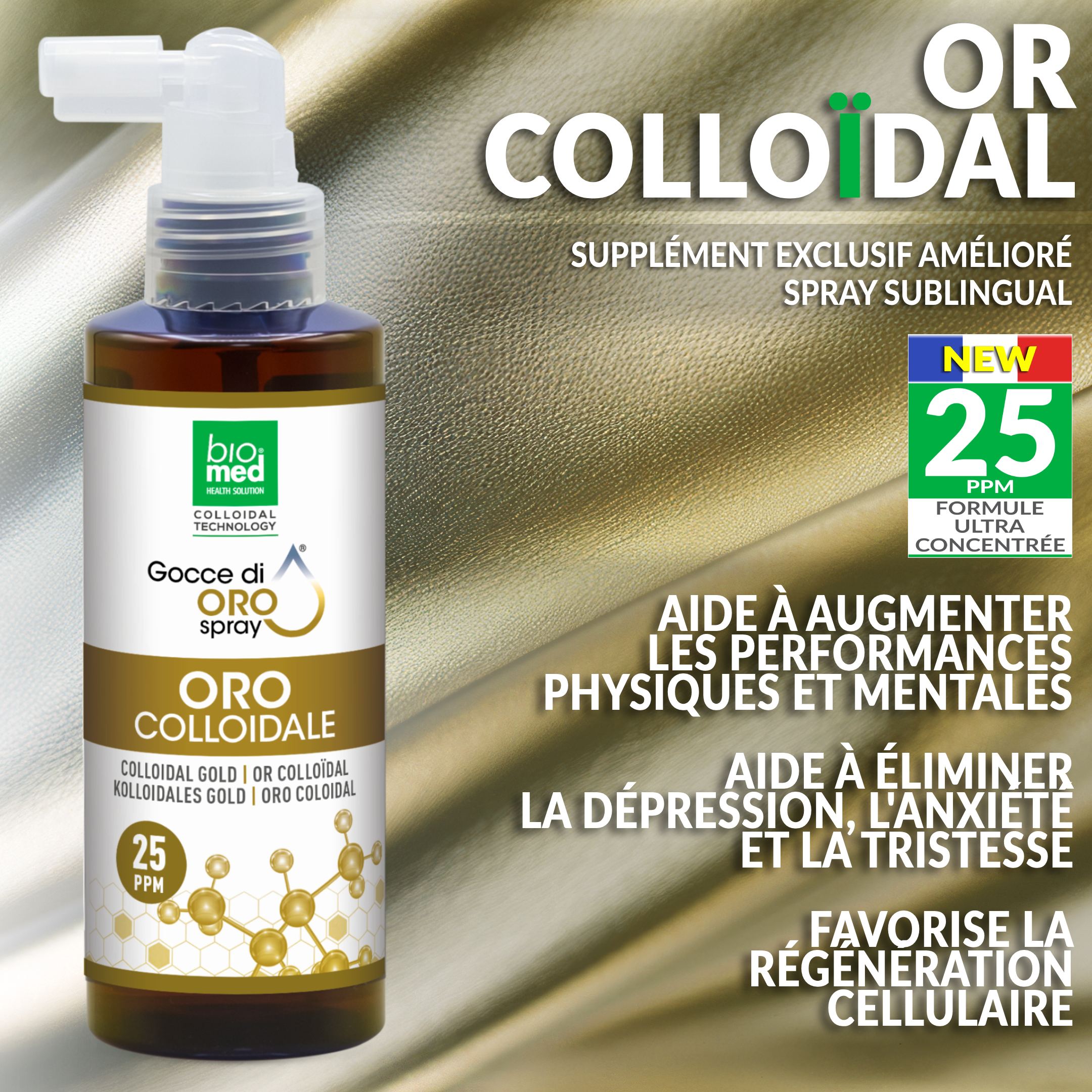 OR COLLOÏDAL SPRAY SUBLINGUAL PUR - GOUTTES NANO BIOMED - 150 ML - 25 PPM