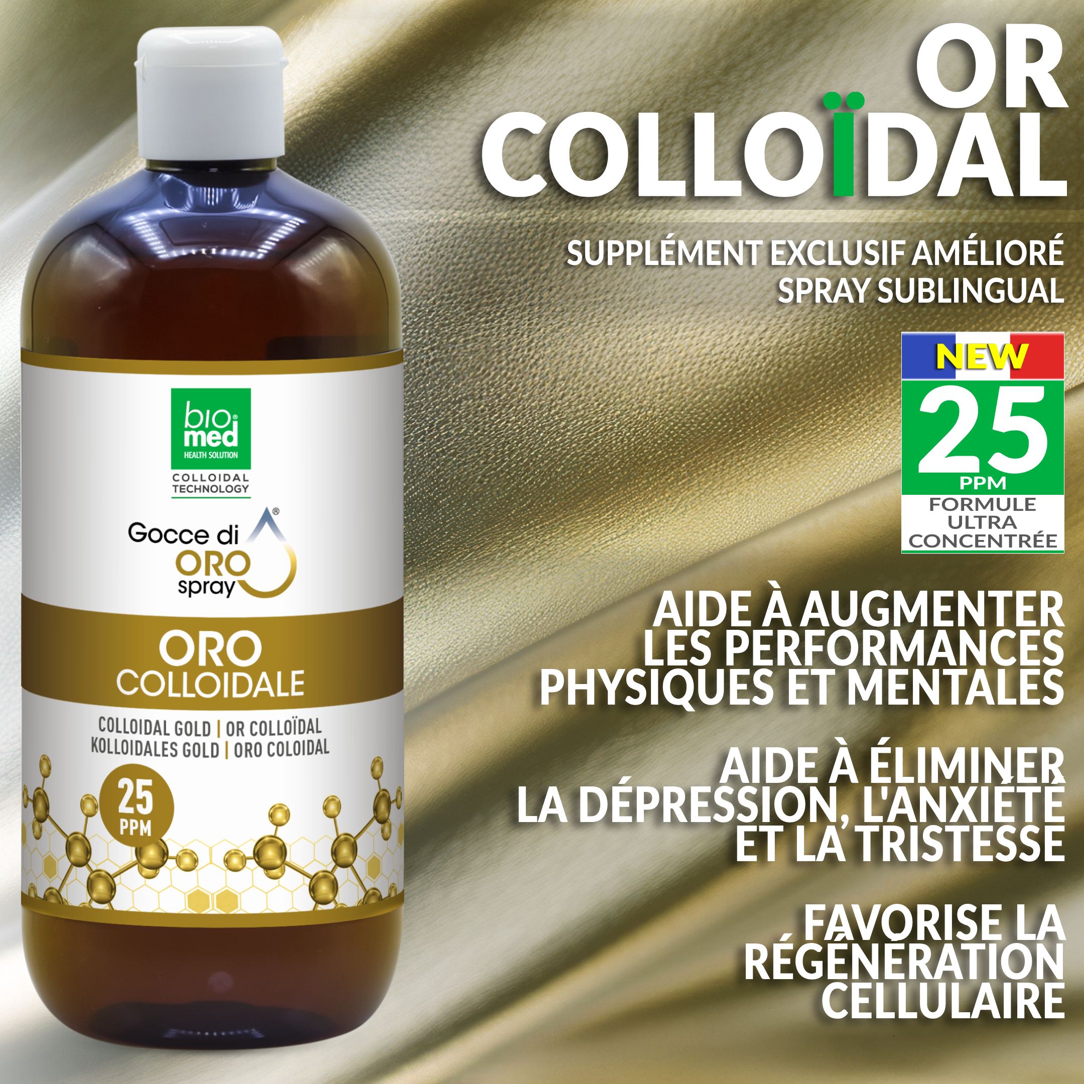 OR COLLOÏDAL SPRAY SUBLINGUAL PUR - GOUTTES NANO BIOMED - 500 ML - 25 PPM