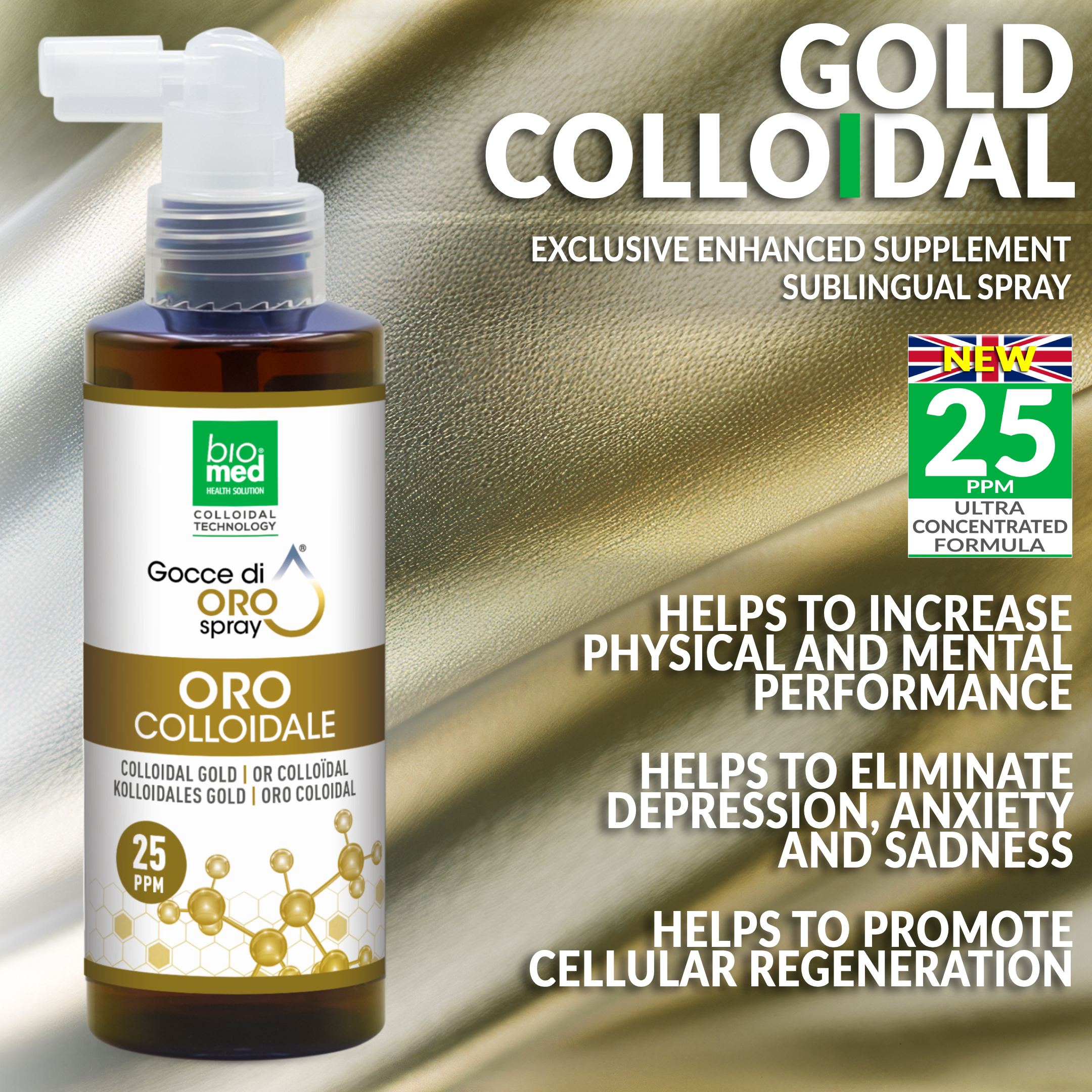 PURE SUBLINGUAL SPRAY COLLOIDAL GOLD - BIOMED NANO DROPS - 150 ML. - 25 PPM