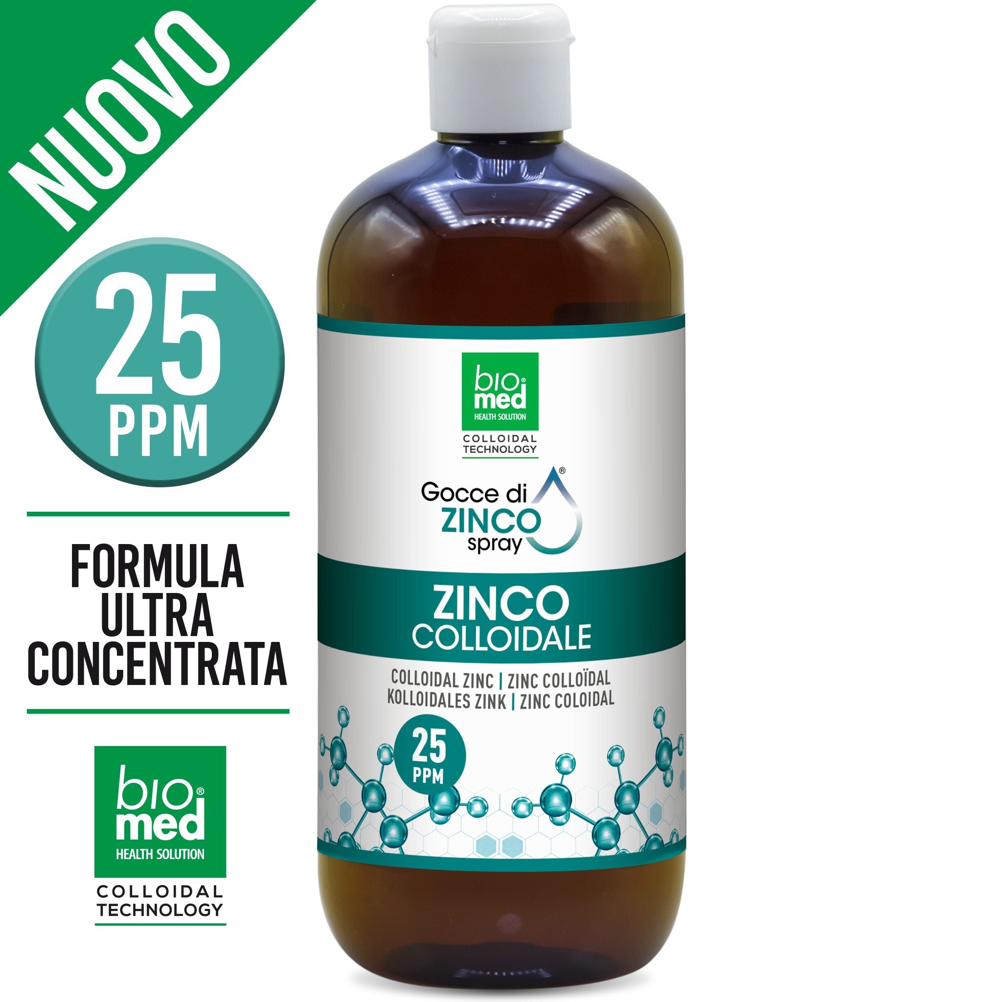 ZINCO COLLOIDALE SPRAY SUBLINGUALE PURO - NANO GOCCE BIOMED - 500 ml. - 25 ppm