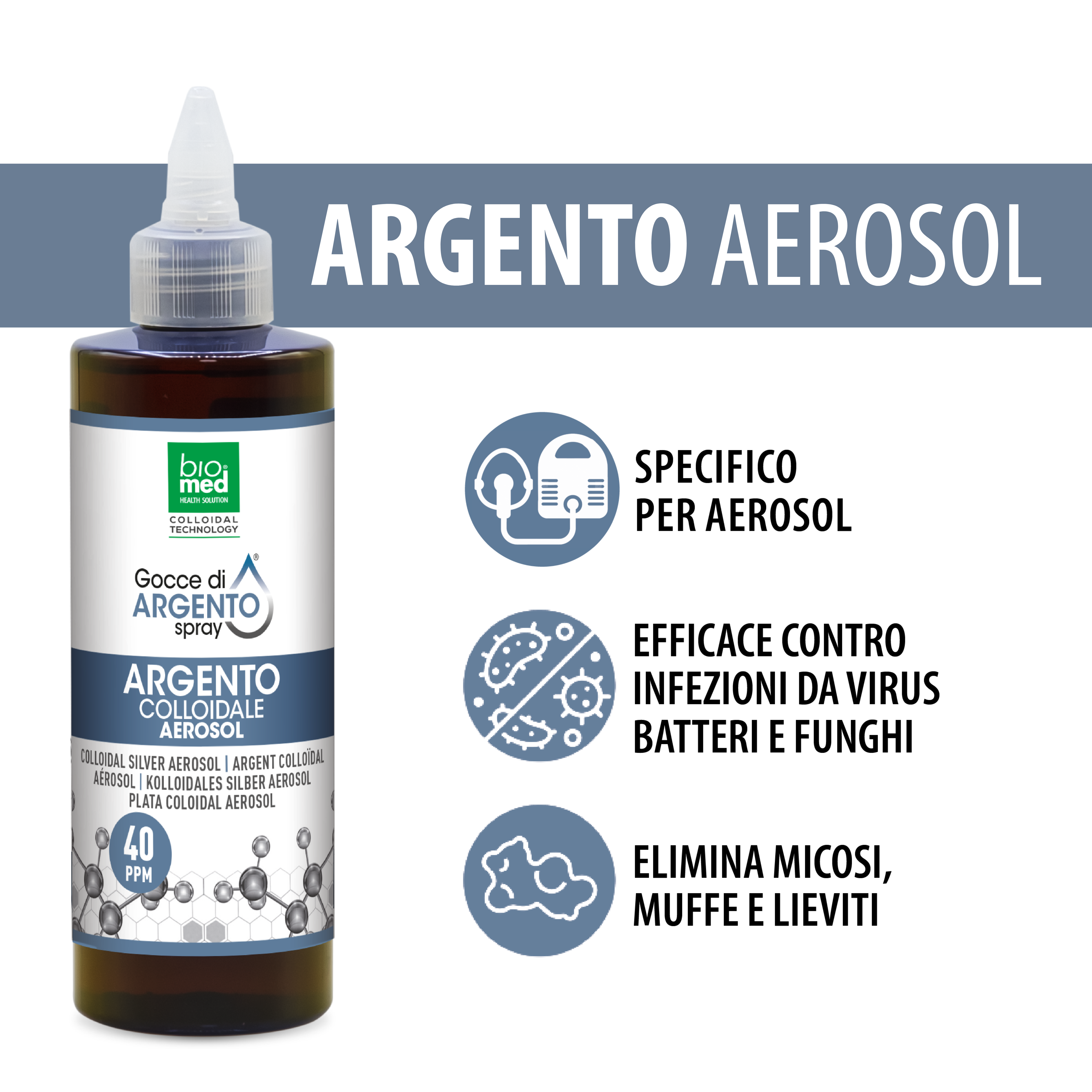 Argento colloidale soluzione Aerosol 40 ppm - 200ml - Biomed Colloidali - Sito Ufficiale - Acquista quì i tuoi colloidali Spray