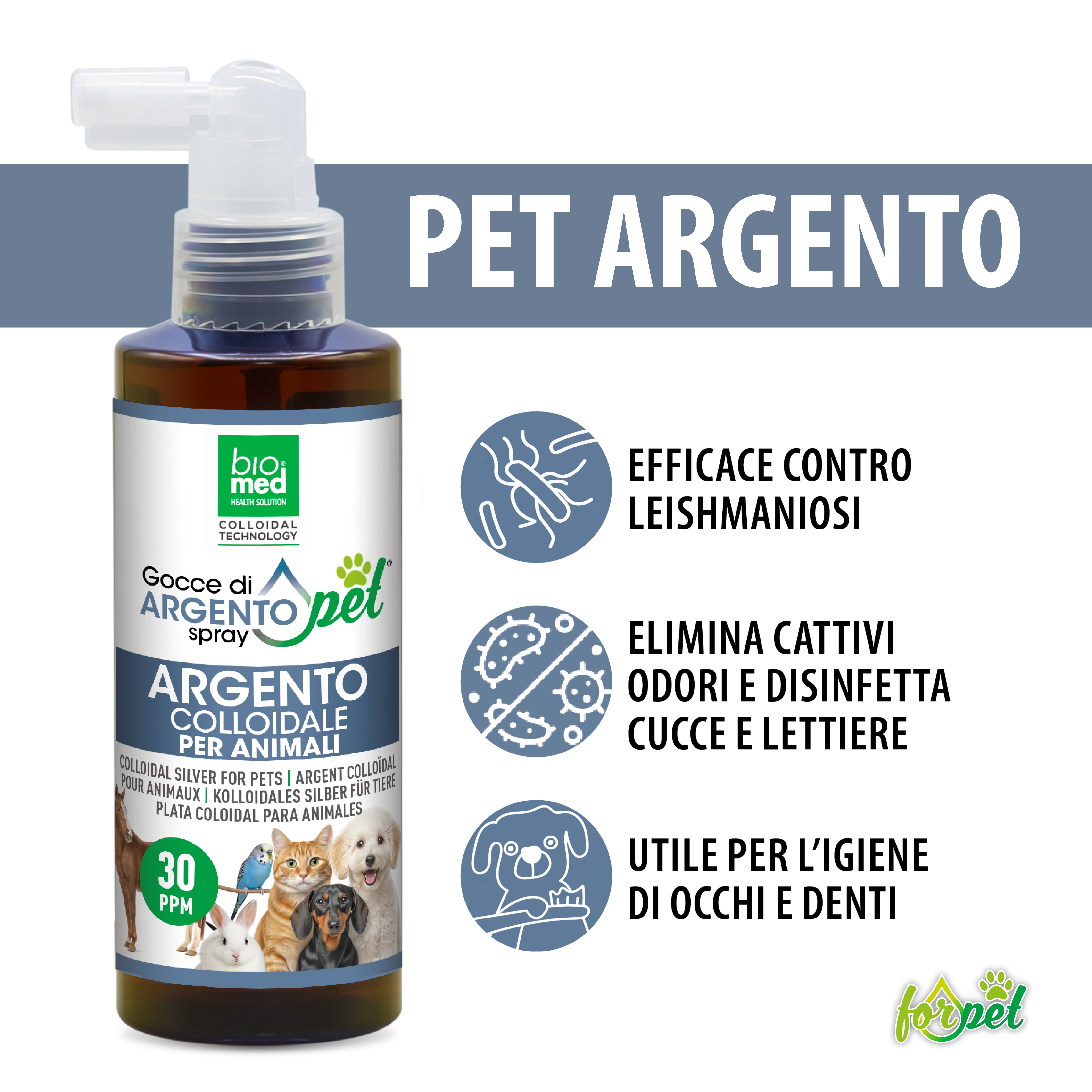For Pet – Argento Colloidale Spray per animali - 30ppm - 150ml - Biomed Colloidali - Sito Ufficiale - Acquista quì i tuoi colloidali Spray