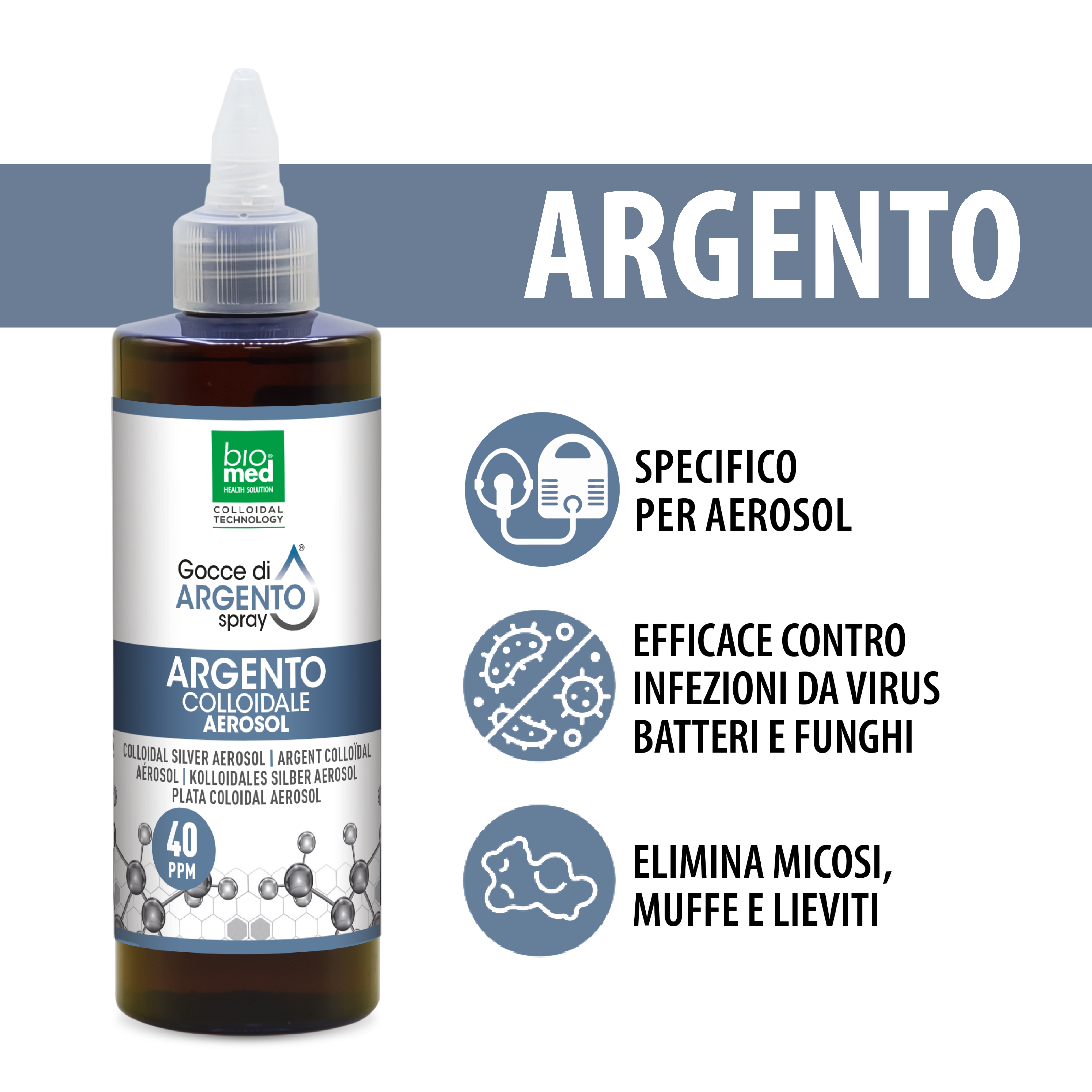 AKTIVES KOLLOIDALES SILBER – LÖSUNG FÜR AEROSOL – BIOMED – 200 ml. - 40 ppm