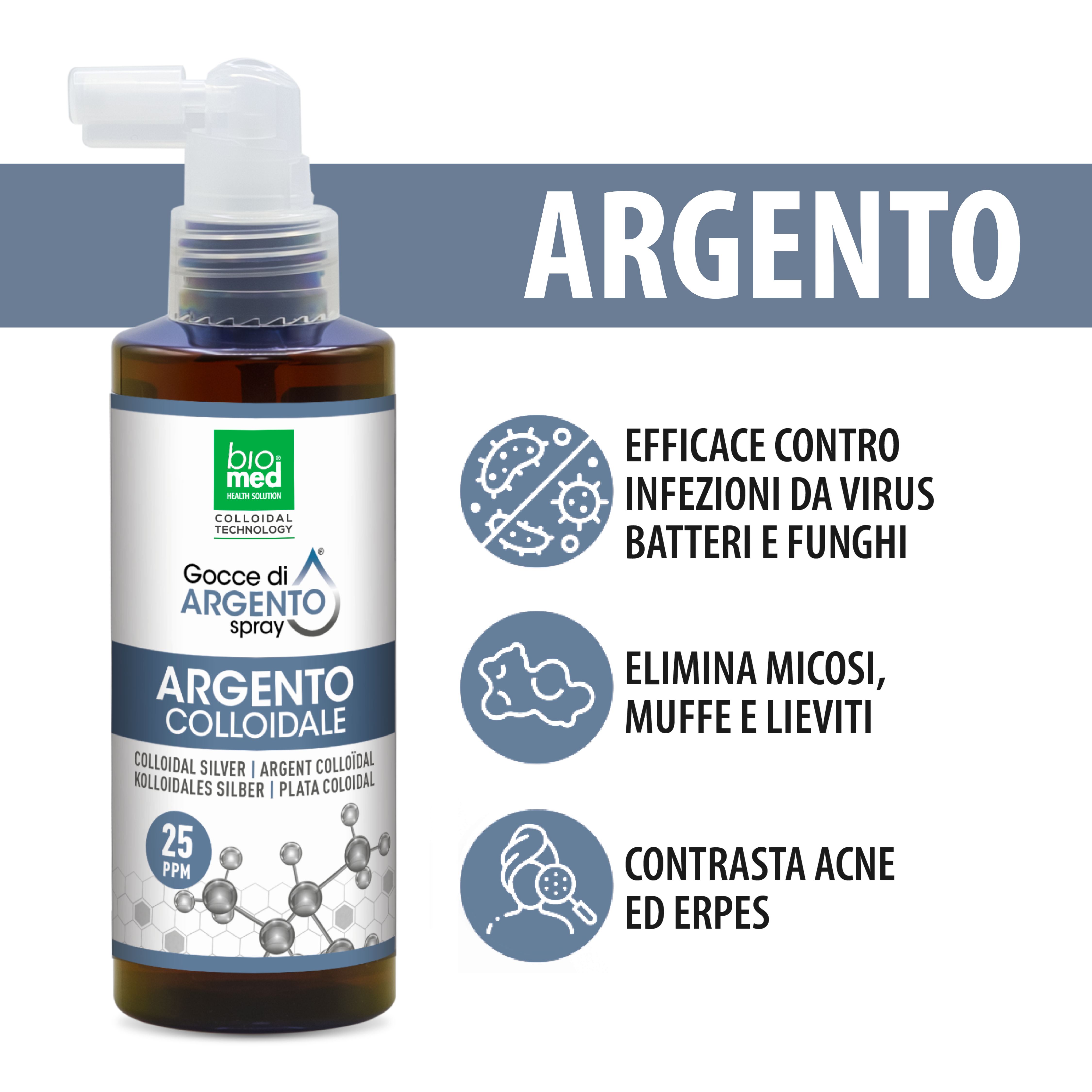 Argento colloidale spray sublinguale 25 ppm - 150 ml - Biomed Colloidali - Sito Ufficiale - Acquista quì i tuoi colloidali Spray