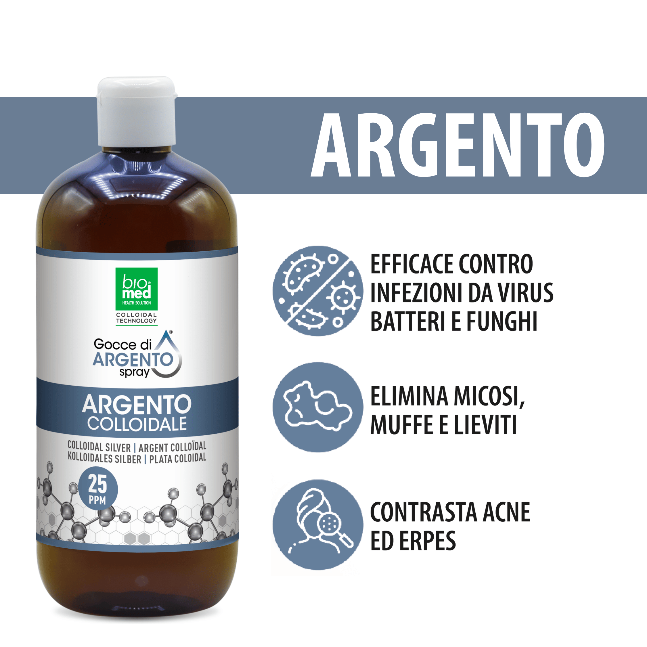 Argento colloidale spray sublinguale 25 ppm - 500 ml - Biomed Colloidali - Sito Ufficiale - Acquista quì i tuoi colloidali Spray