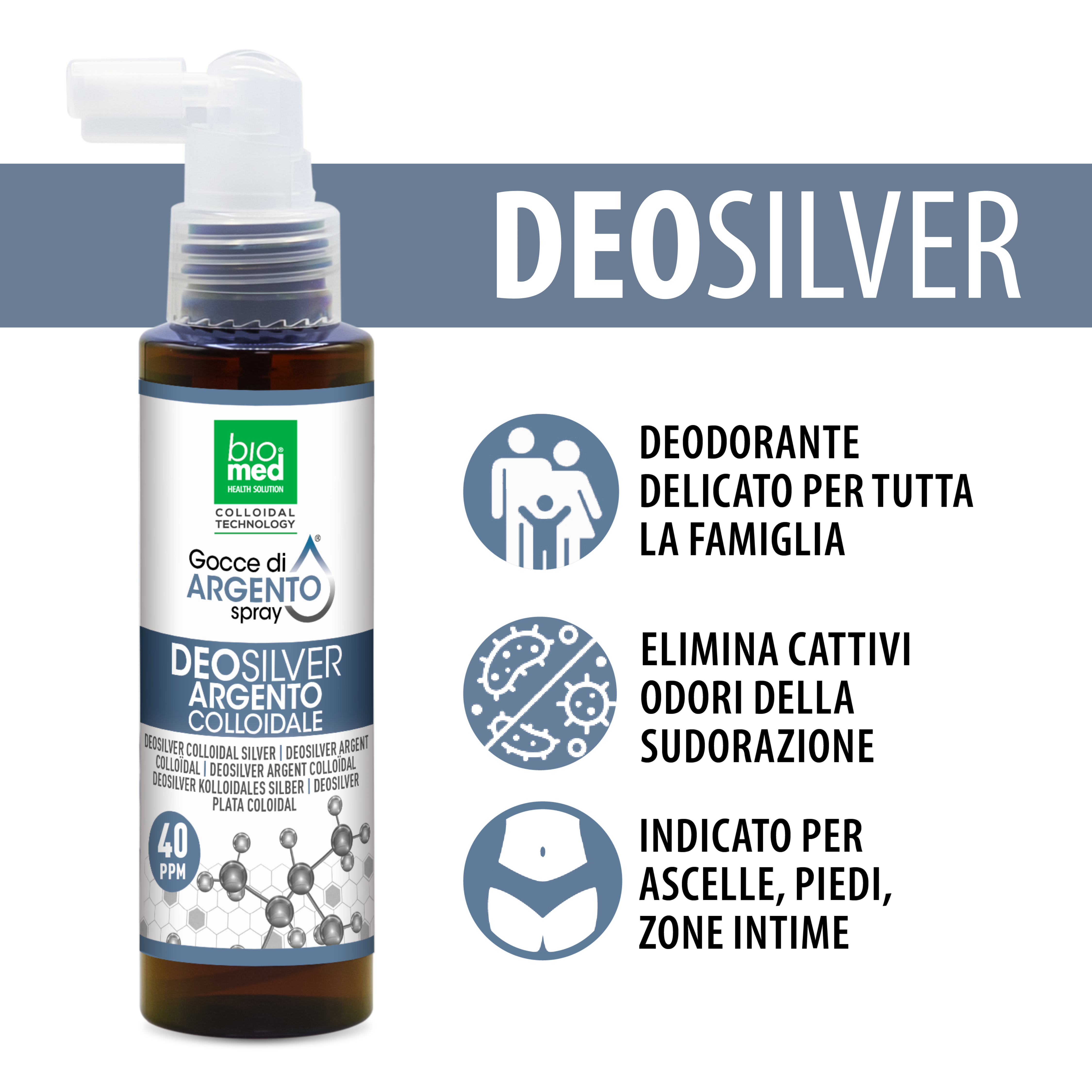Deodorante naturale spray all'Argento colloidale 40 ppm - 100ml - Biomed Colloidali - Sito Ufficiale - Acquista quì i tuoi colloidali Spray