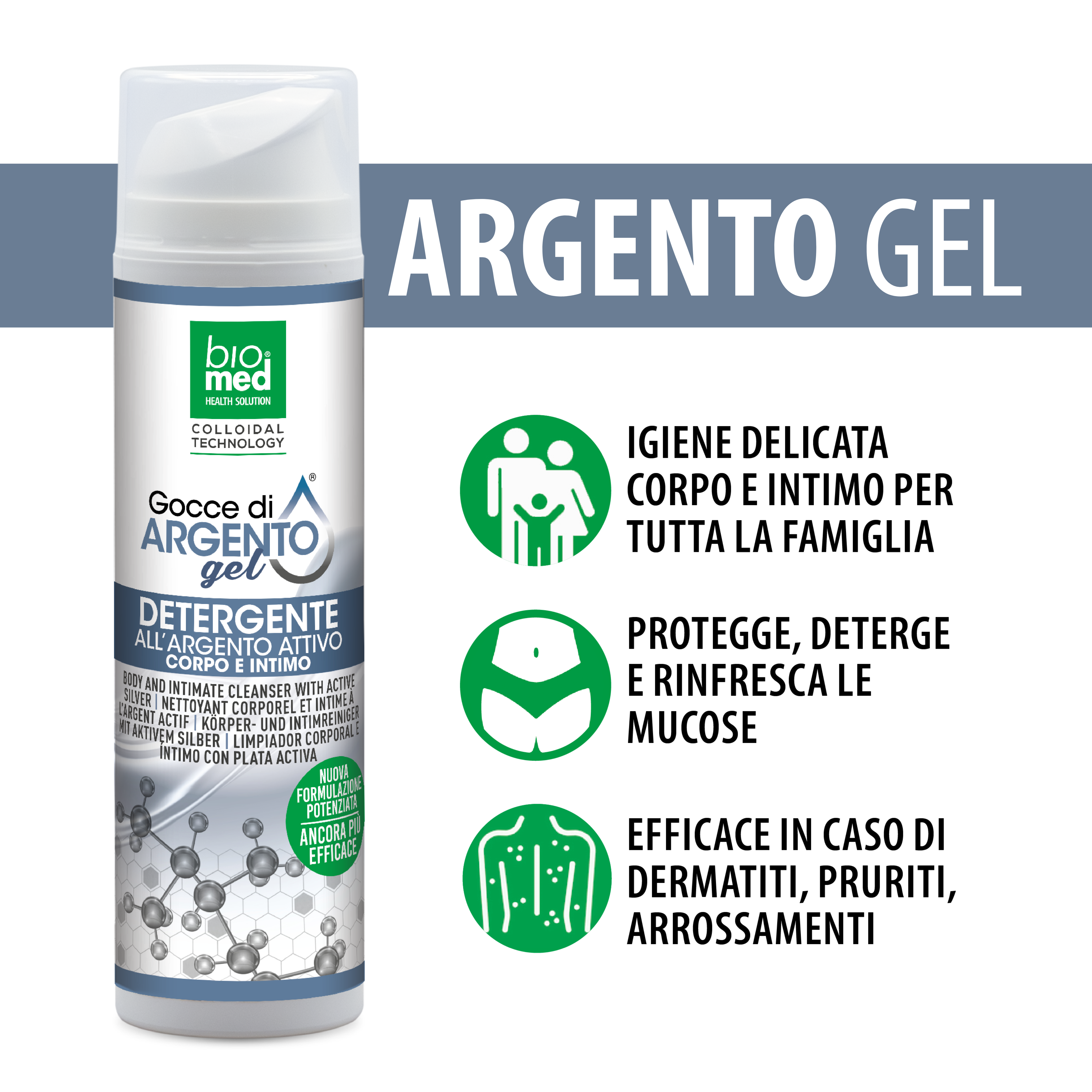 Gel detergente corpo e intimo - Argento attivo - 200 ml - Biomed Colloidali - Sito Ufficiale - Acquista quì i tuoi colloidali Spray
