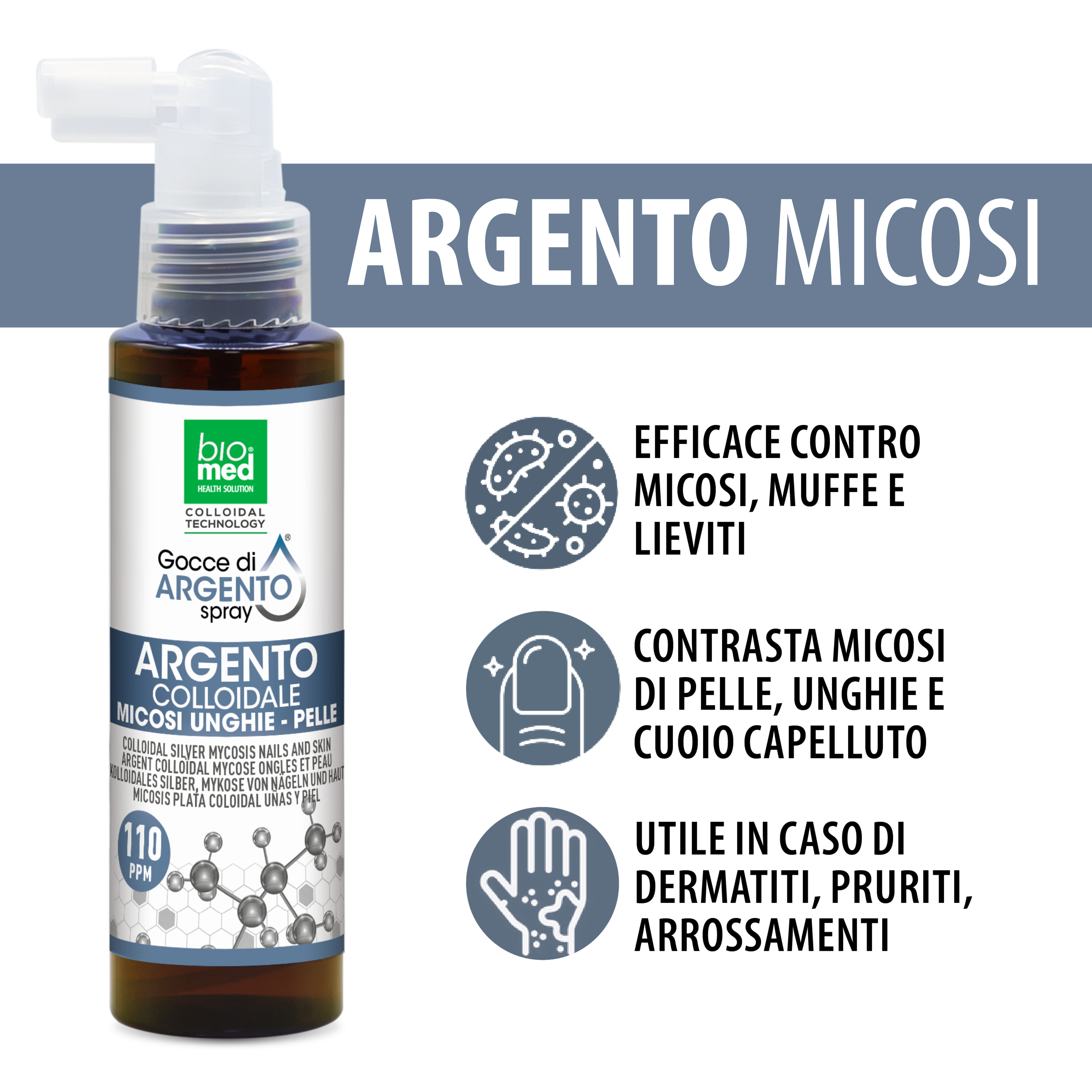 Argento colloidale Micosi unghie - pelle 110 ppm - 100ml - Biomed Colloidali - Sito Ufficiale - Acquista quì i tuoi colloidali Spray