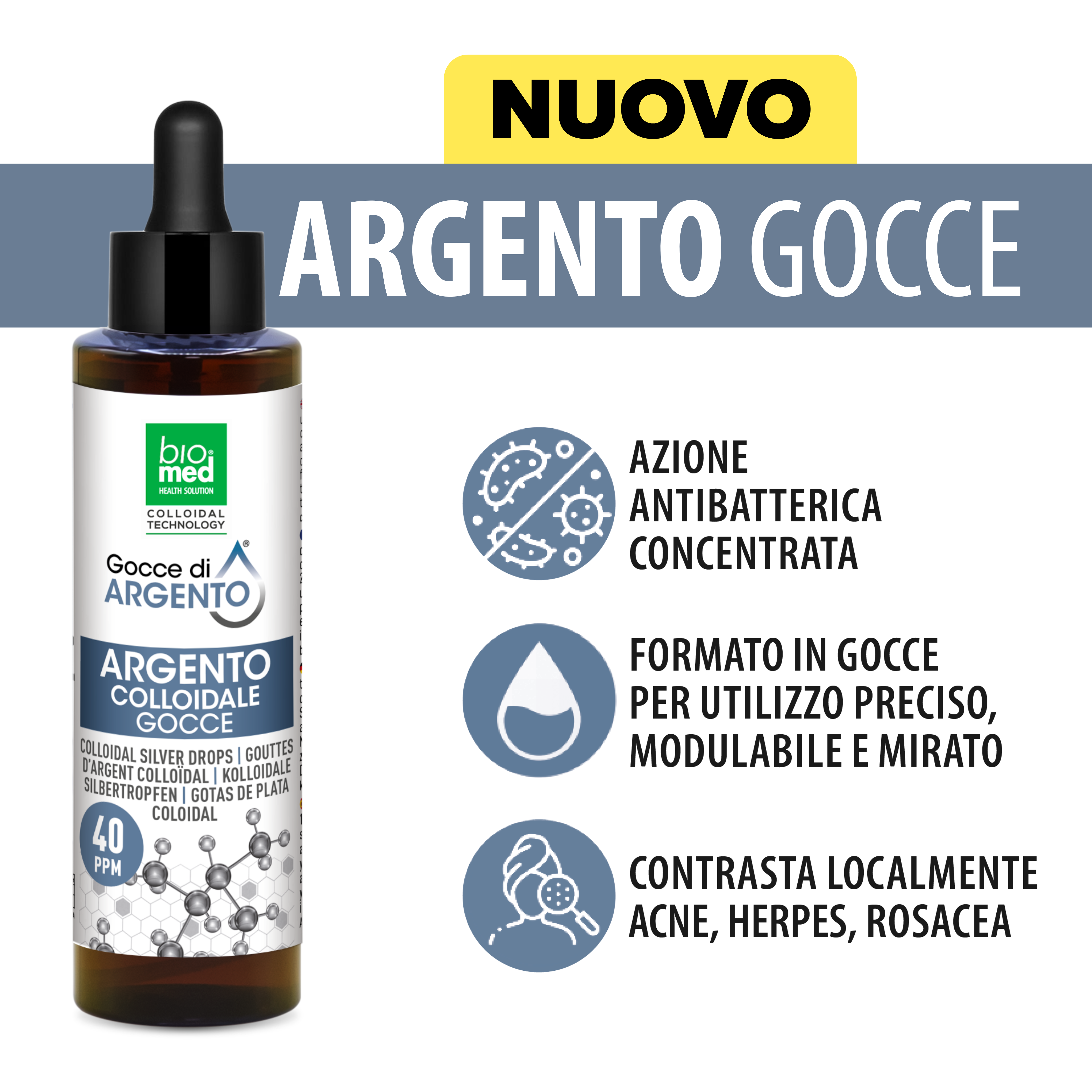 Argento colloidale in gocce sublinguali 40 ppm - 100 ml - Biomed Colloidali - Sito Ufficiale - Acquista quì i tuoi colloidali Spray