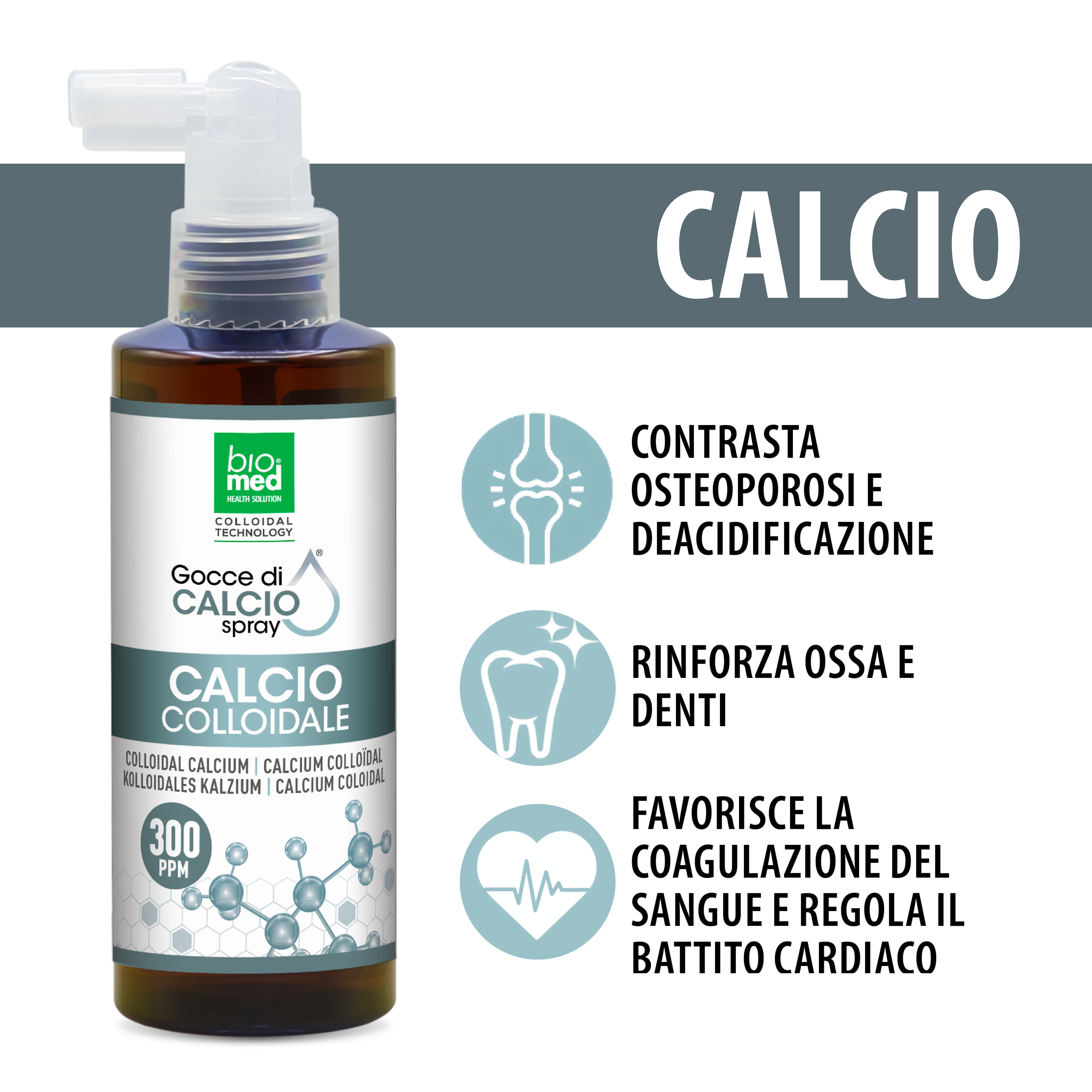 Calcio colloidale spray sublinguale 300 ppm - 150 ml - Biomed Colloidali - Sito Ufficiale - Acquista quì i tuoi colloidali Spray