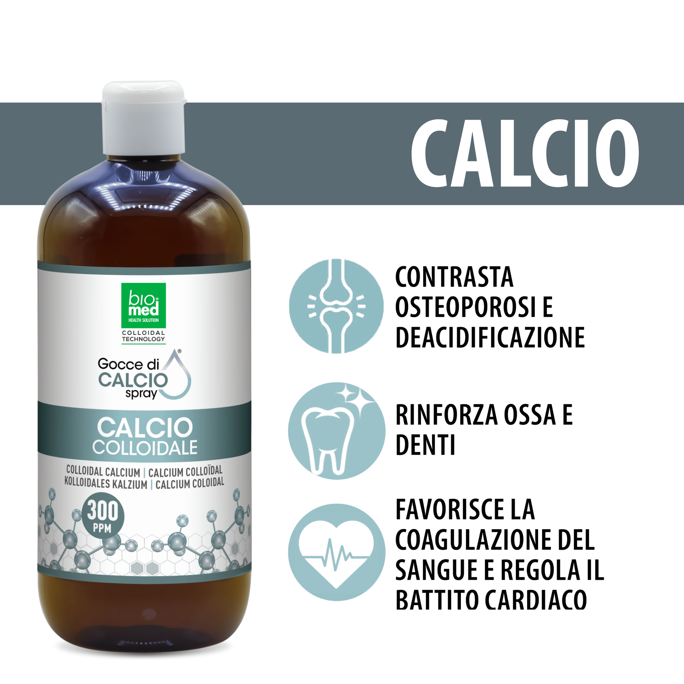 Calcio colloidale spray sublinguale 300 ppm - 500 ml - Biomed Colloidali - Sito Ufficiale - Acquista quì i tuoi colloidali Spray