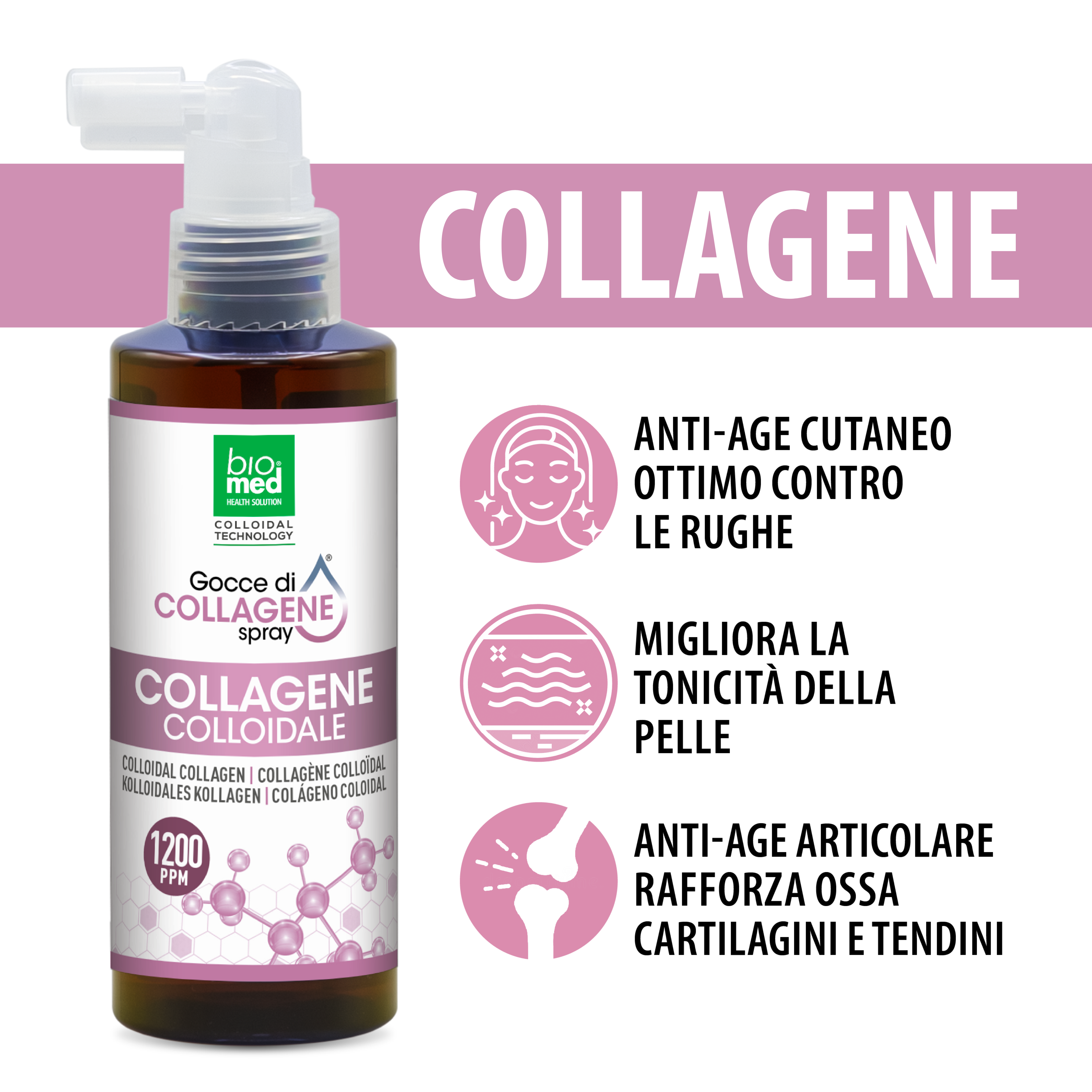 Collagene colloidale spray sublinguale 1200 ppm - 150 ml - Biomed Colloidali - Sito Ufficiale - Acquista quì i tuoi colloidali Spray