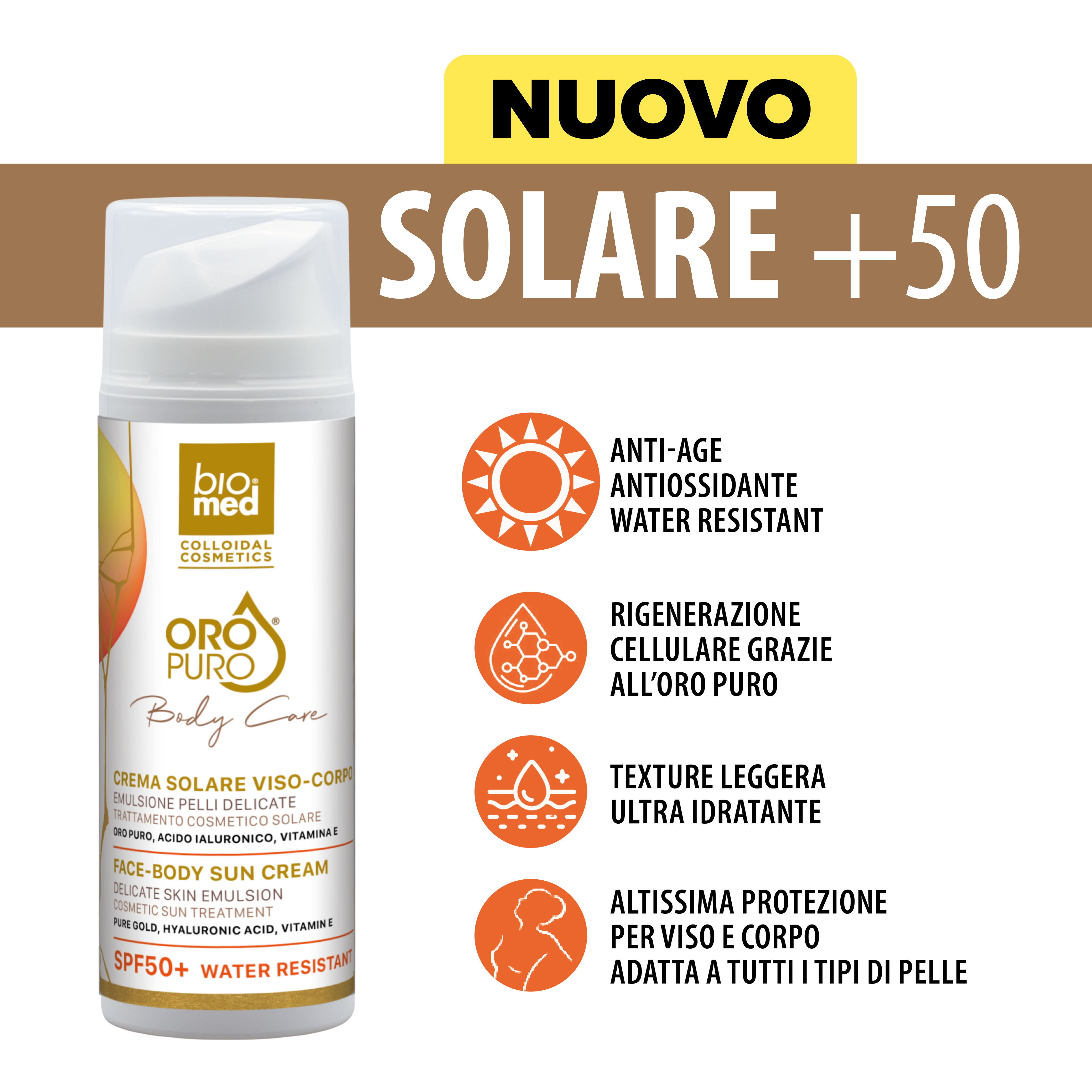 Crema solare viso-corpo all’oro puro spf50+ 150 ml | anti-age, idratante e ultra protettiva - Biomed Colloidali - Sito Ufficiale - Acquista quì i tuoi colloidali Spray