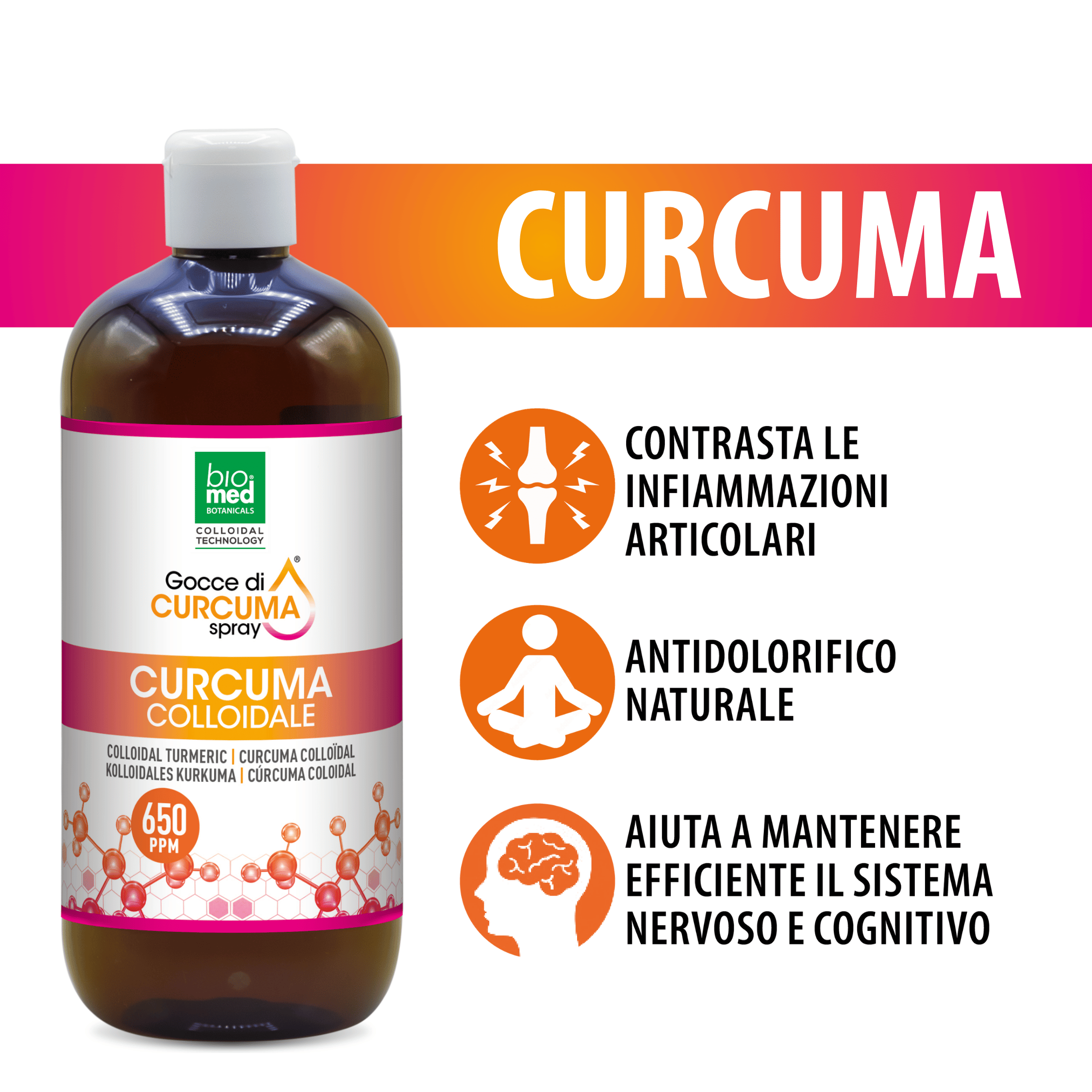 Curcuma colloidale spray sublinguale 650 ppm - 500 ml - Biomed Colloidali - Sito Ufficiale - Acquista quì i tuoi colloidali Spray