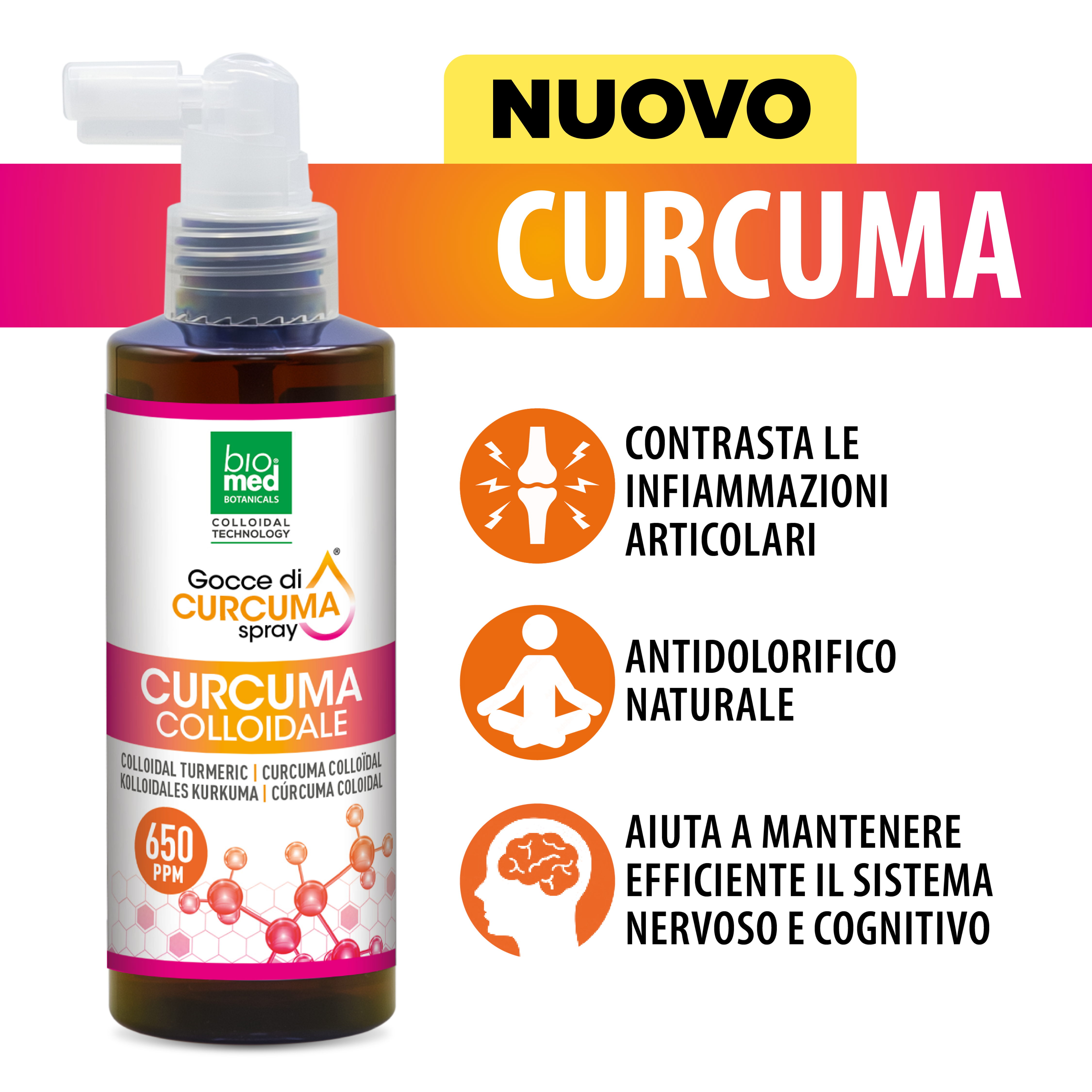 Curcuma colloidale spray sublinguale 650 ppm - 150 ml - Biomed Colloidali - Sito Ufficiale - Acquista quì i tuoi colloidali Spray