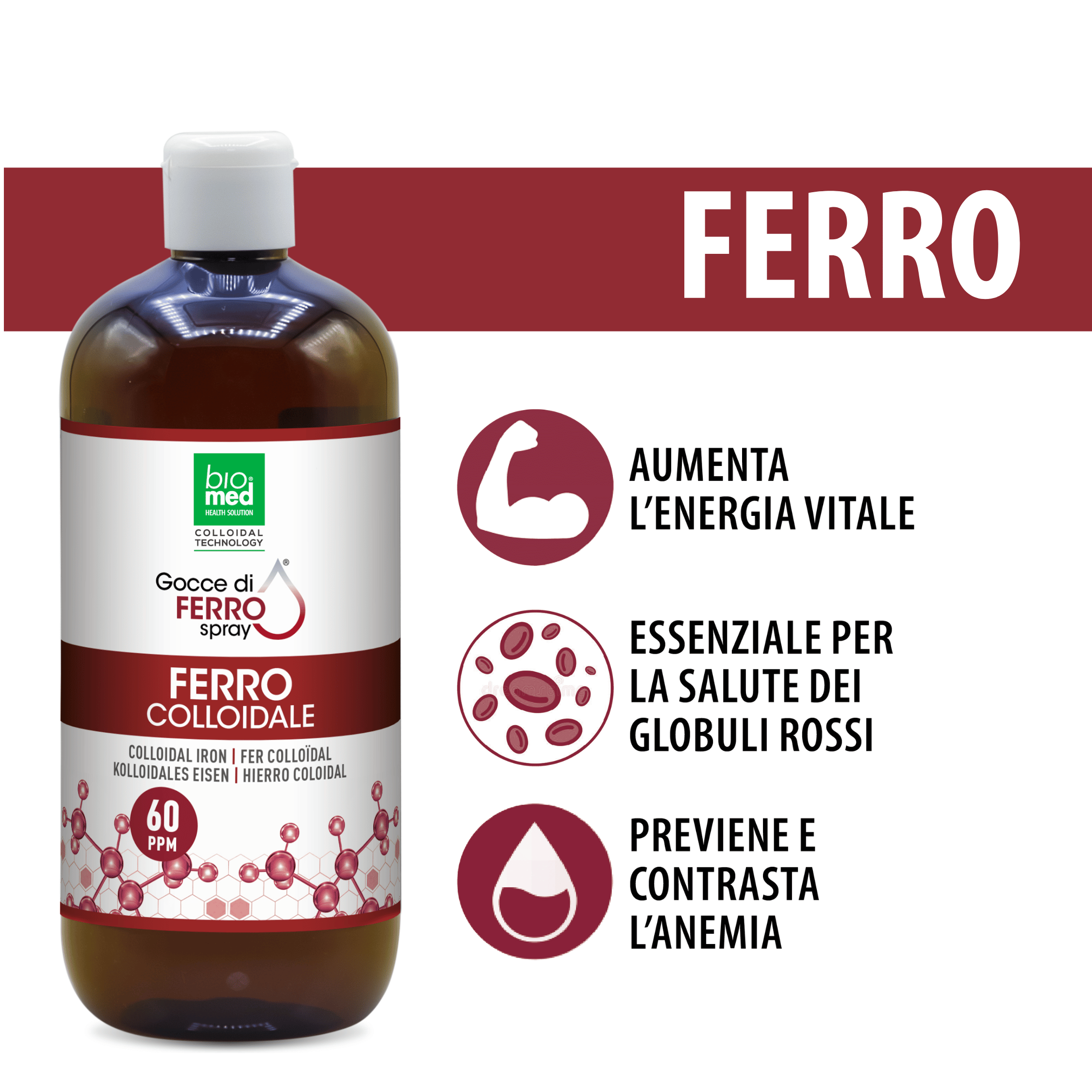 Ferro colloidale spray sublinguale 60 ppm - 500 ml - Biomed Colloidali - Sito Ufficiale - Acquista quì i tuoi colloidali Spray